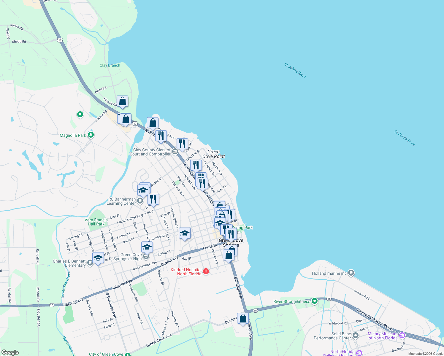 map of restaurants, bars, coffee shops, grocery stores, and more near 515 Myrtle Avenue in Green Cove Springs