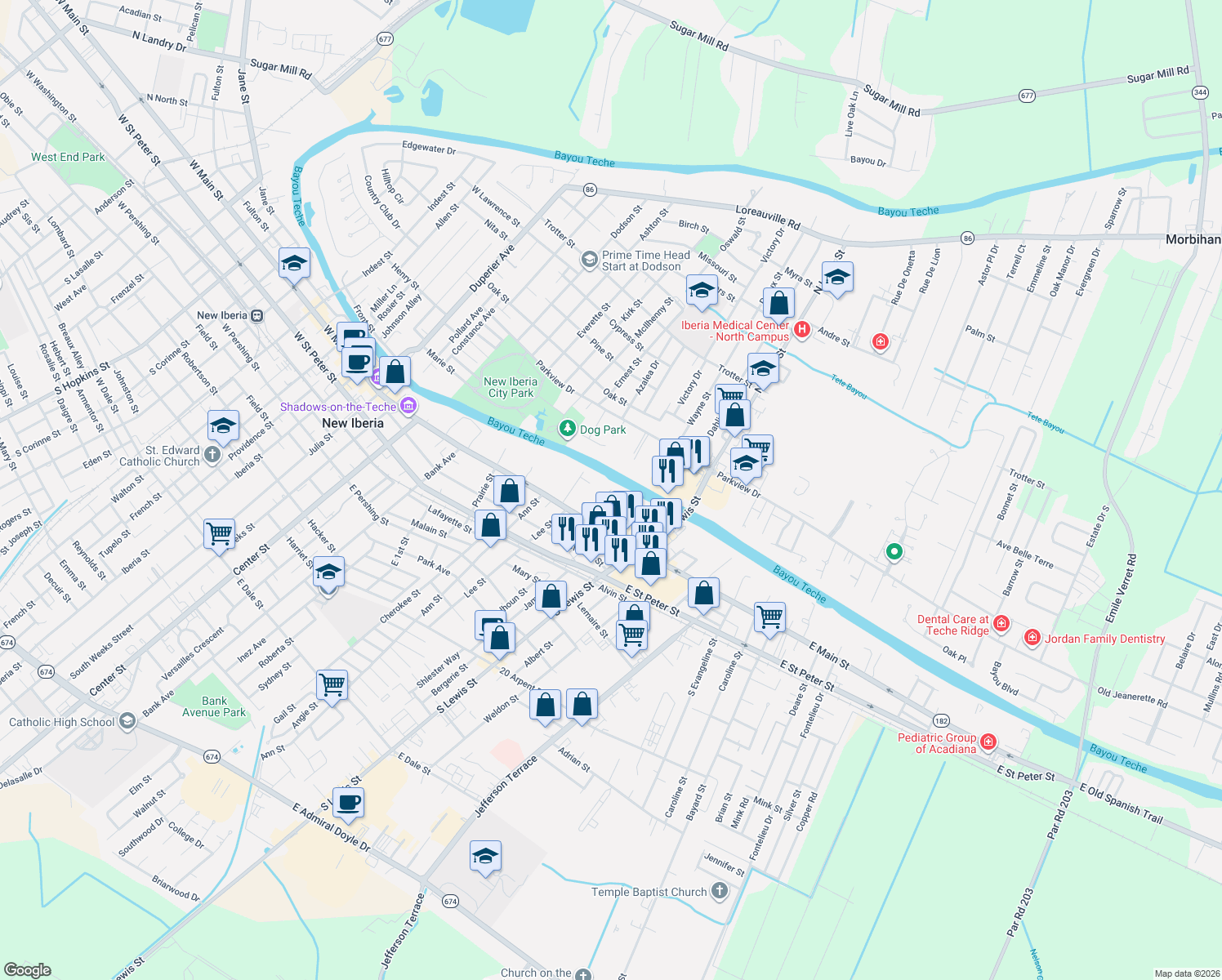 map of restaurants, bars, coffee shops, grocery stores, and more near 299 Phillip St in New Iberia