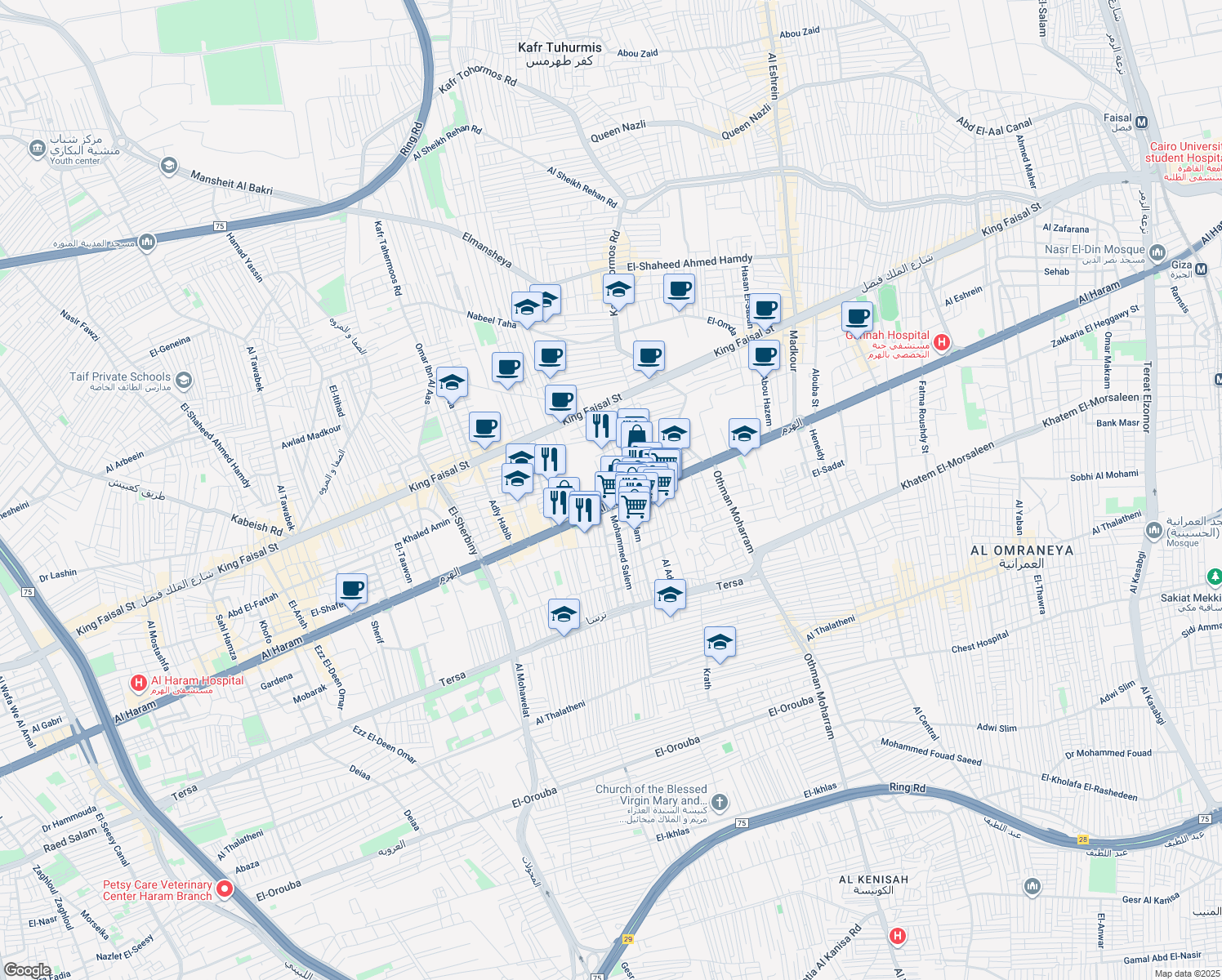 map of restaurants, bars, coffee shops, grocery stores, and more near in El Talbia