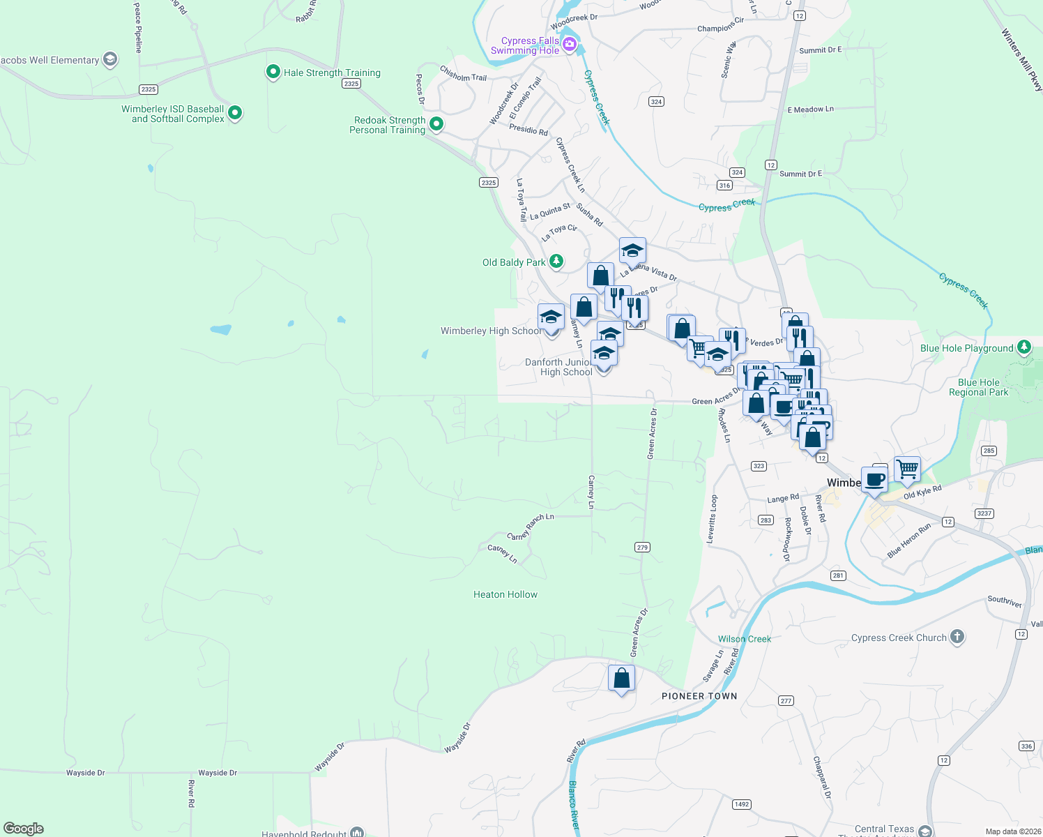 map of restaurants, bars, coffee shops, grocery stores, and more near 220 Lea Lane in Wimberley