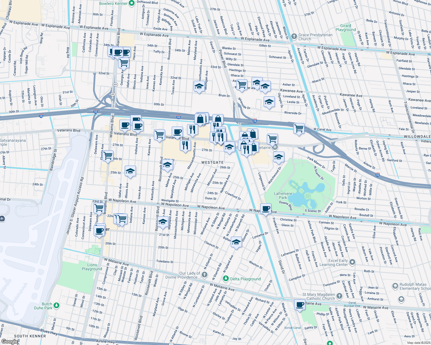 map of restaurants, bars, coffee shops, grocery stores, and more near 8740 Donnaway Street in Metairie