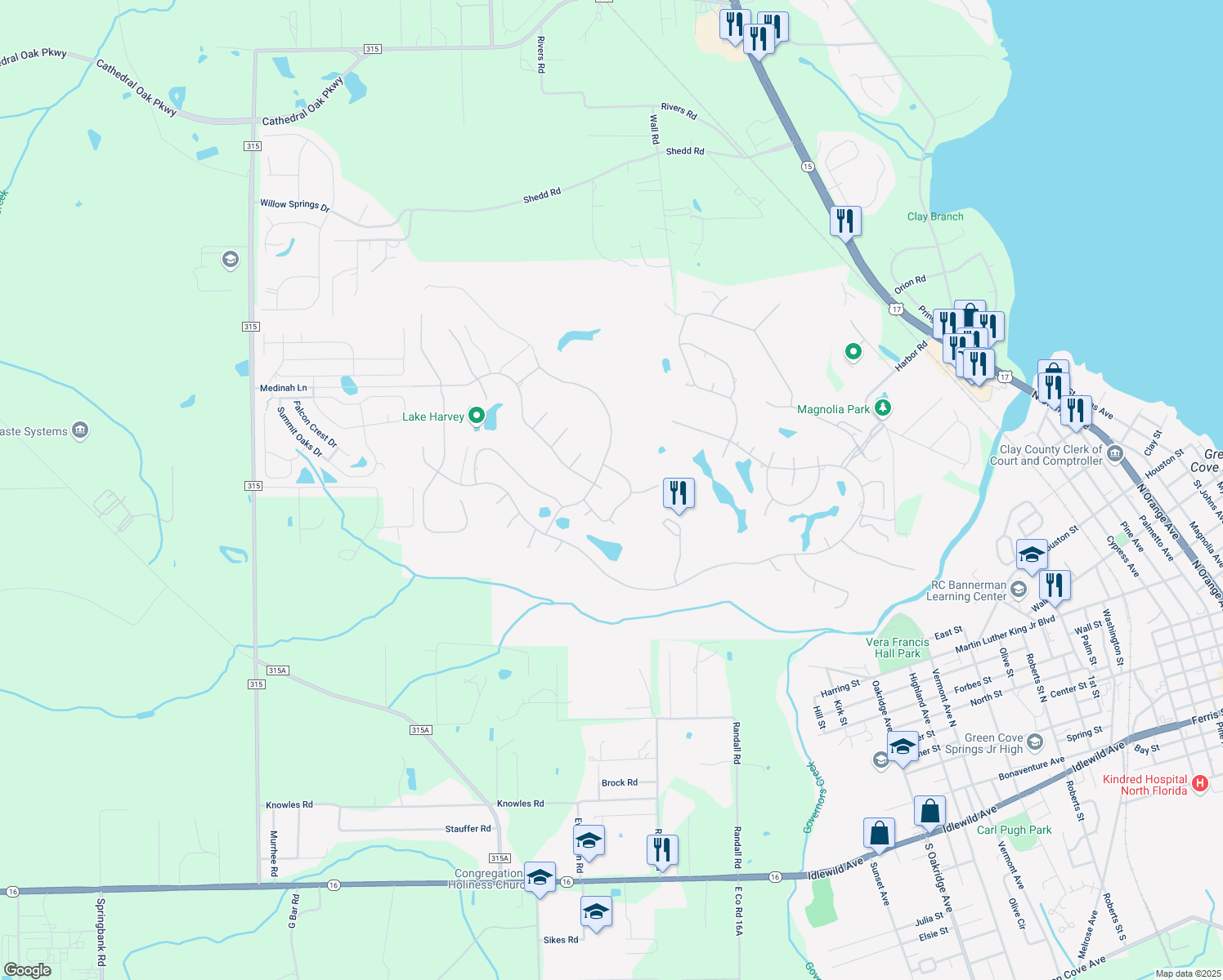 map of restaurants, bars, coffee shops, grocery stores, and more near 1824 La Quinta Court in Green Cove Springs