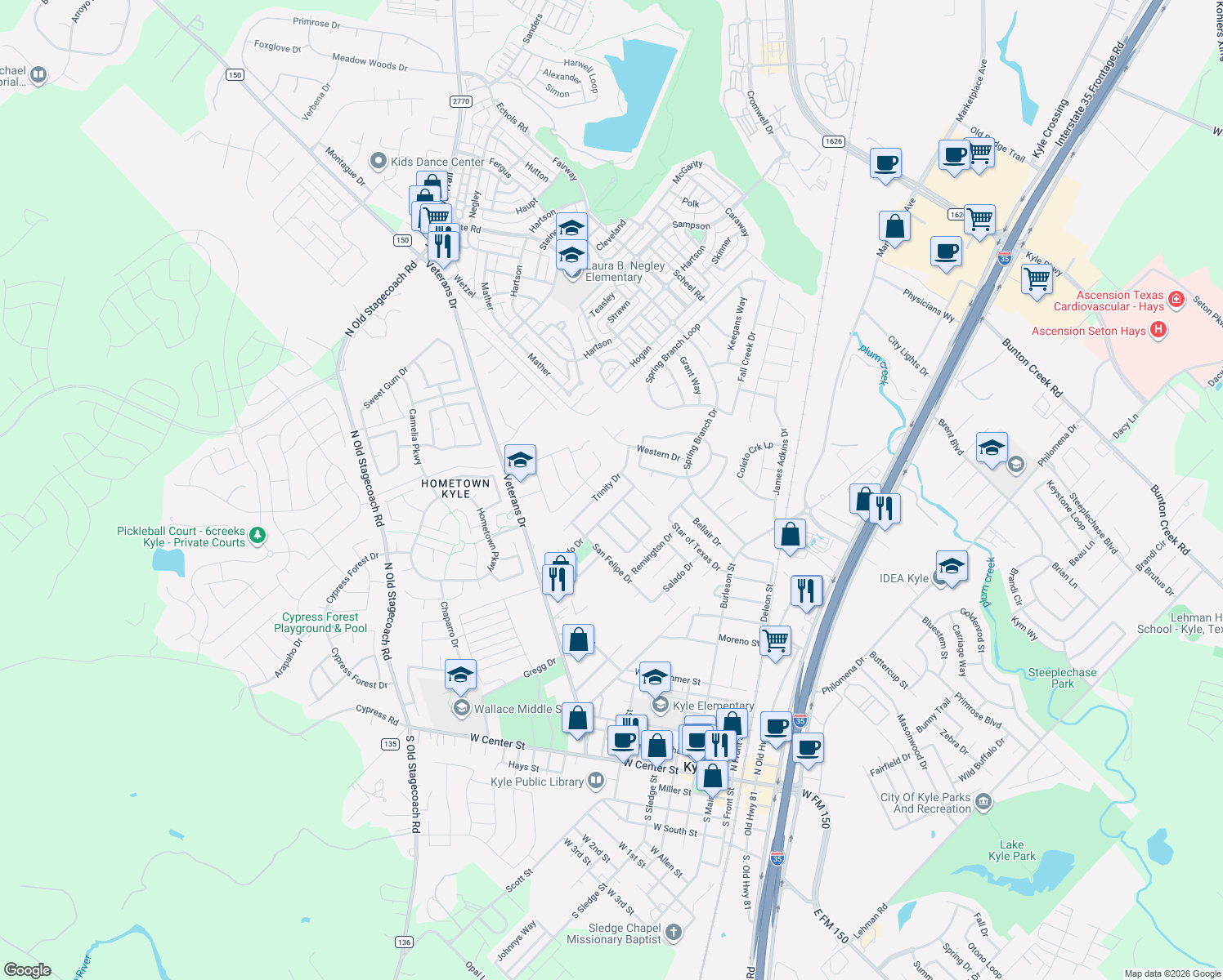 map of restaurants, bars, coffee shops, grocery stores, and more near 136 Trinity Drive in Kyle