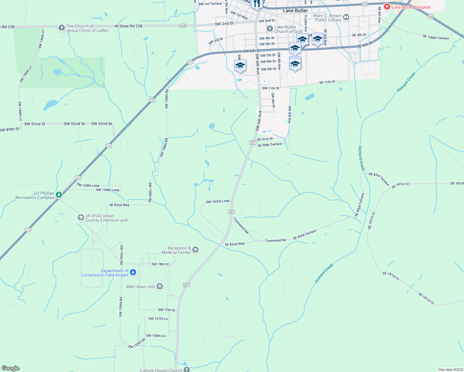 map of restaurants, bars, coffee shops, grocery stores, and more near 8711 County Road 231 in Lake Butler