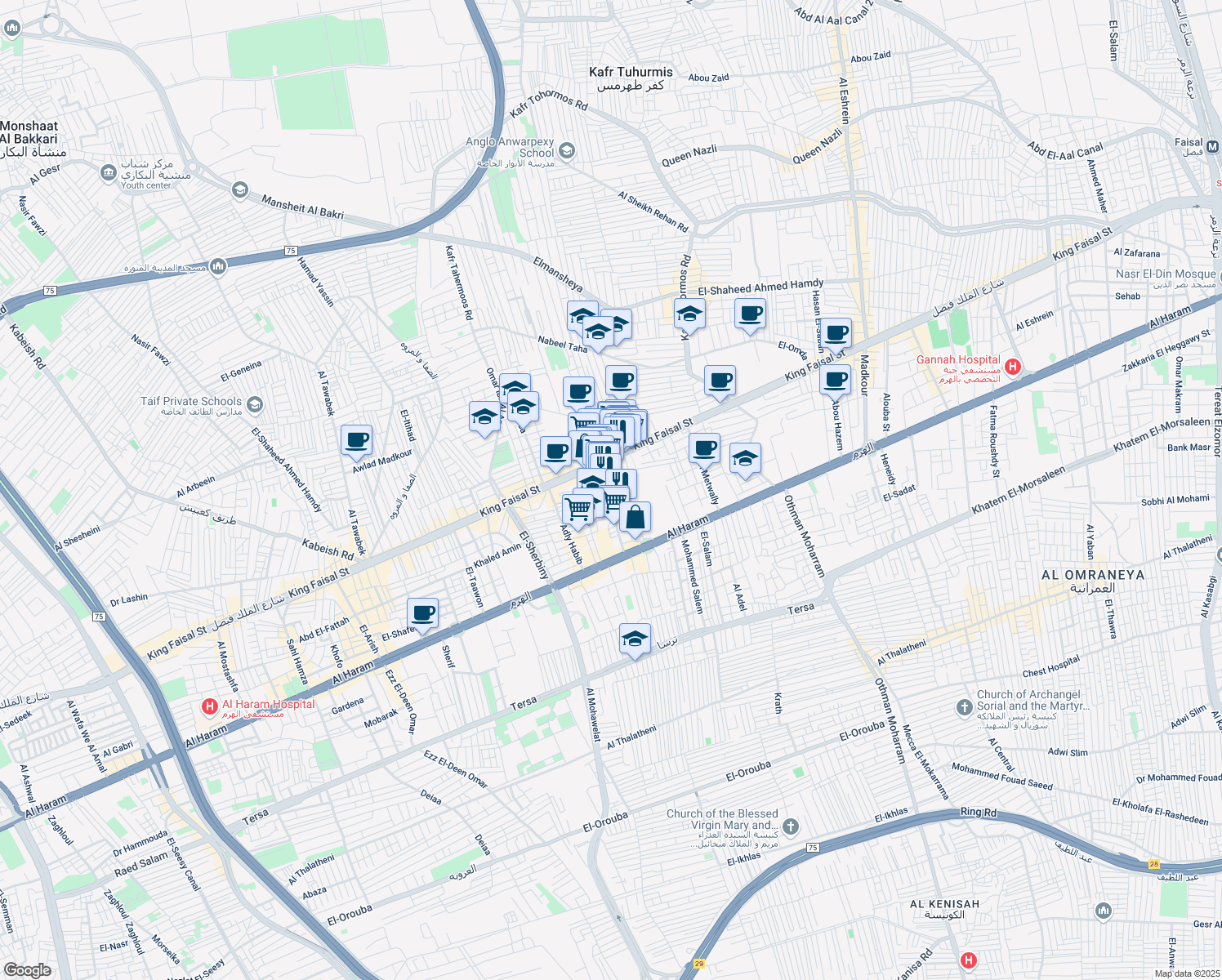 map of restaurants, bars, coffee shops, grocery stores, and more near Hasan Mohammed in El Talbia