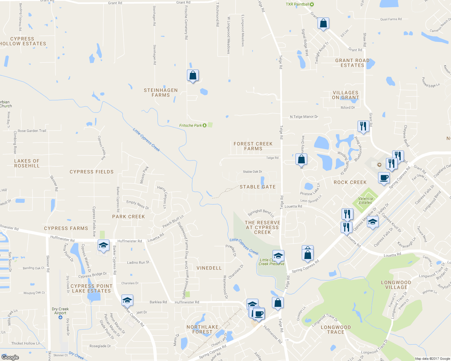 map of restaurants, bars, coffee shops, grocery stores, and more near 15727 Stable Creek Circle in Cypress