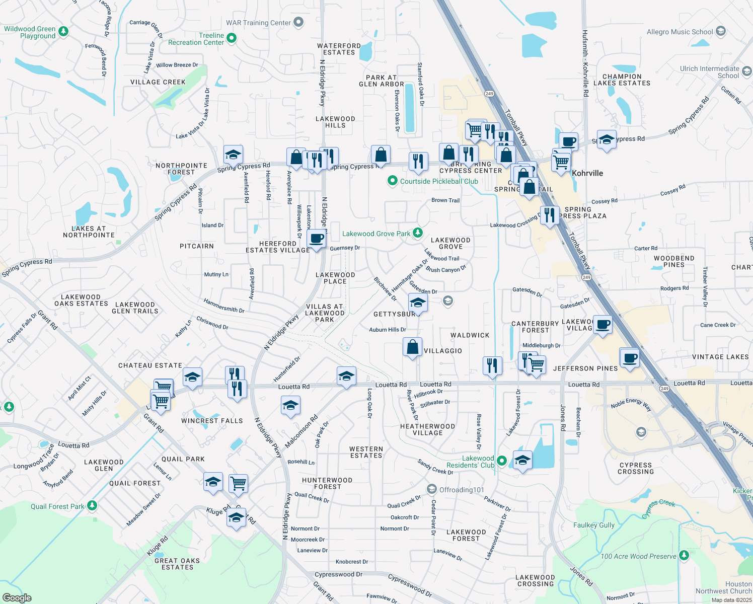 map of restaurants, bars, coffee shops, grocery stores, and more near 15711 Hermitage Oaks Drive in Tomball