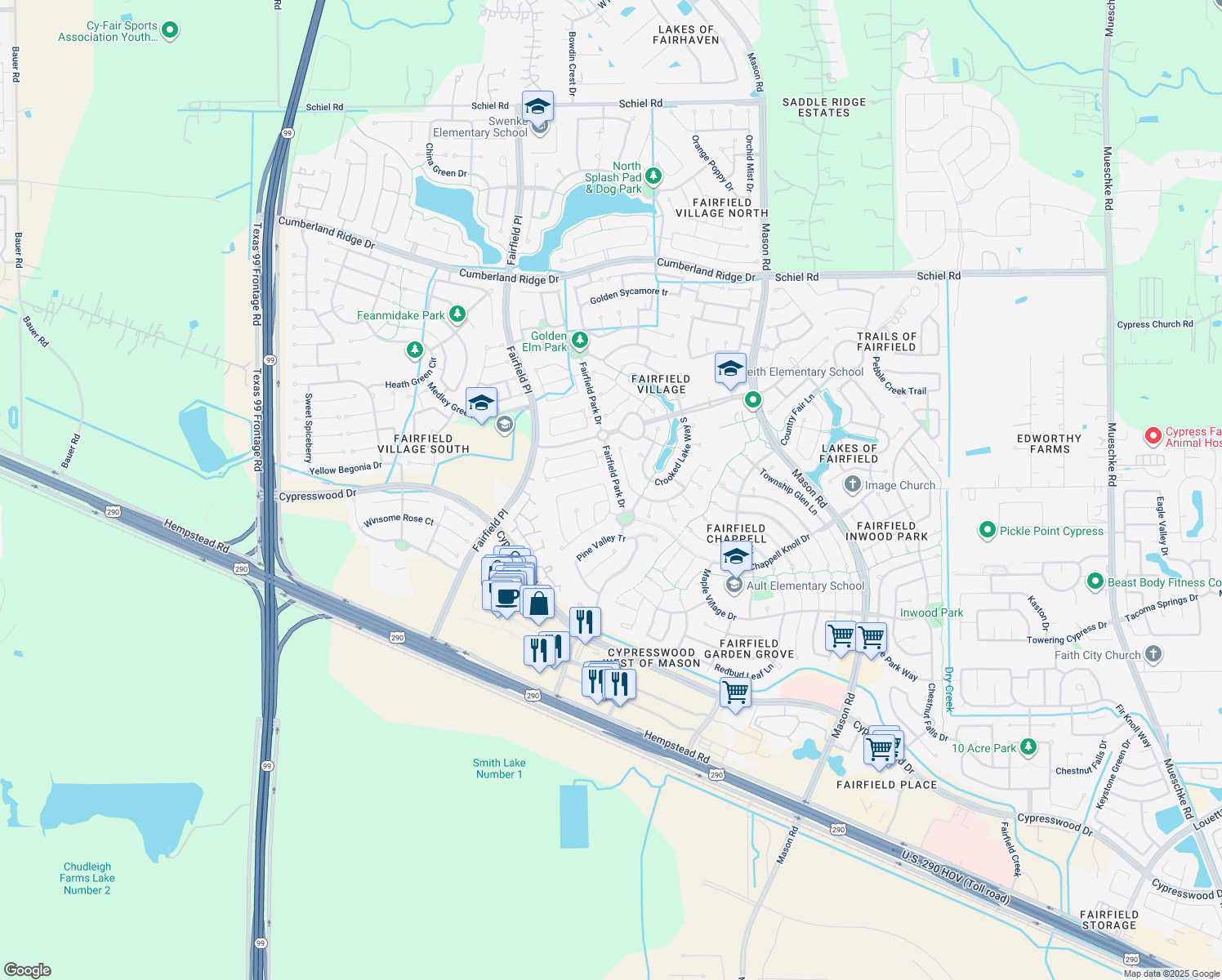 map of restaurants, bars, coffee shops, grocery stores, and more near 21526 Oak Arbor Way in Cypress