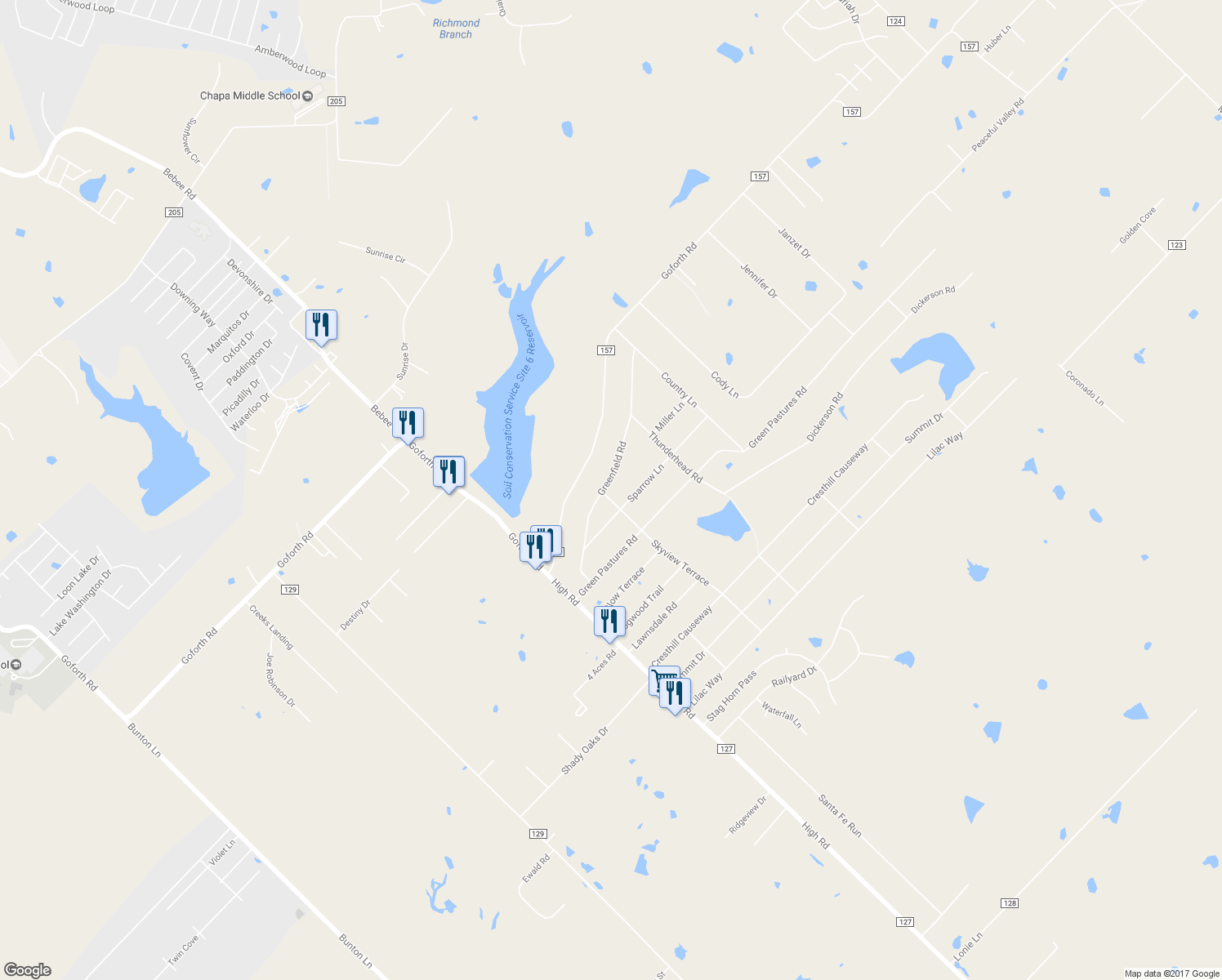 map of restaurants, bars, coffee shops, grocery stores, and more near 221 Greenfield Road in Kyle