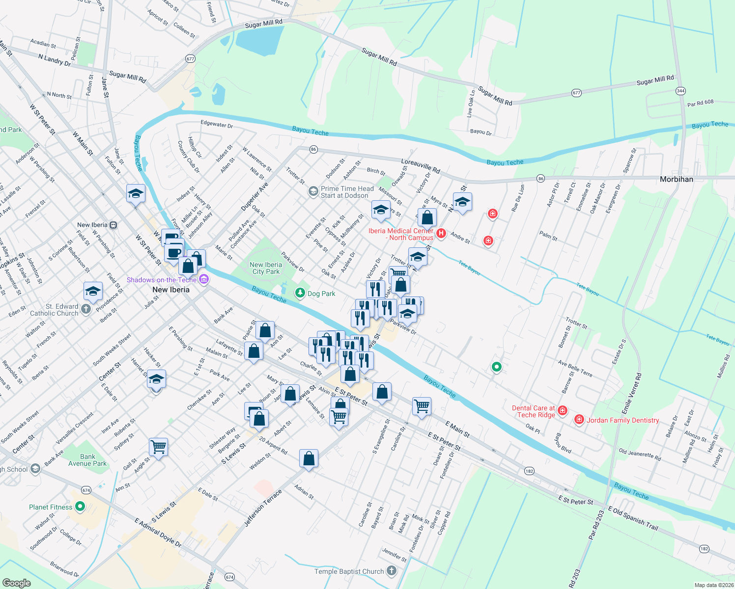 map of restaurants, bars, coffee shops, grocery stores, and more near 205 Wayne Street in New Iberia