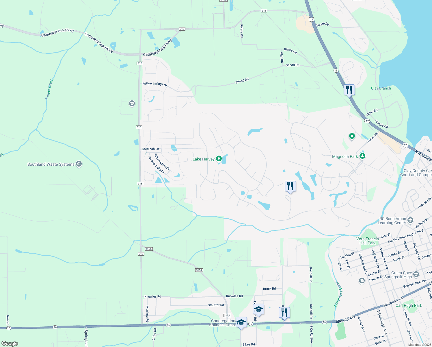 map of restaurants, bars, coffee shops, grocery stores, and more near 1936 Quaker Ridge Drive in Green Cove Springs