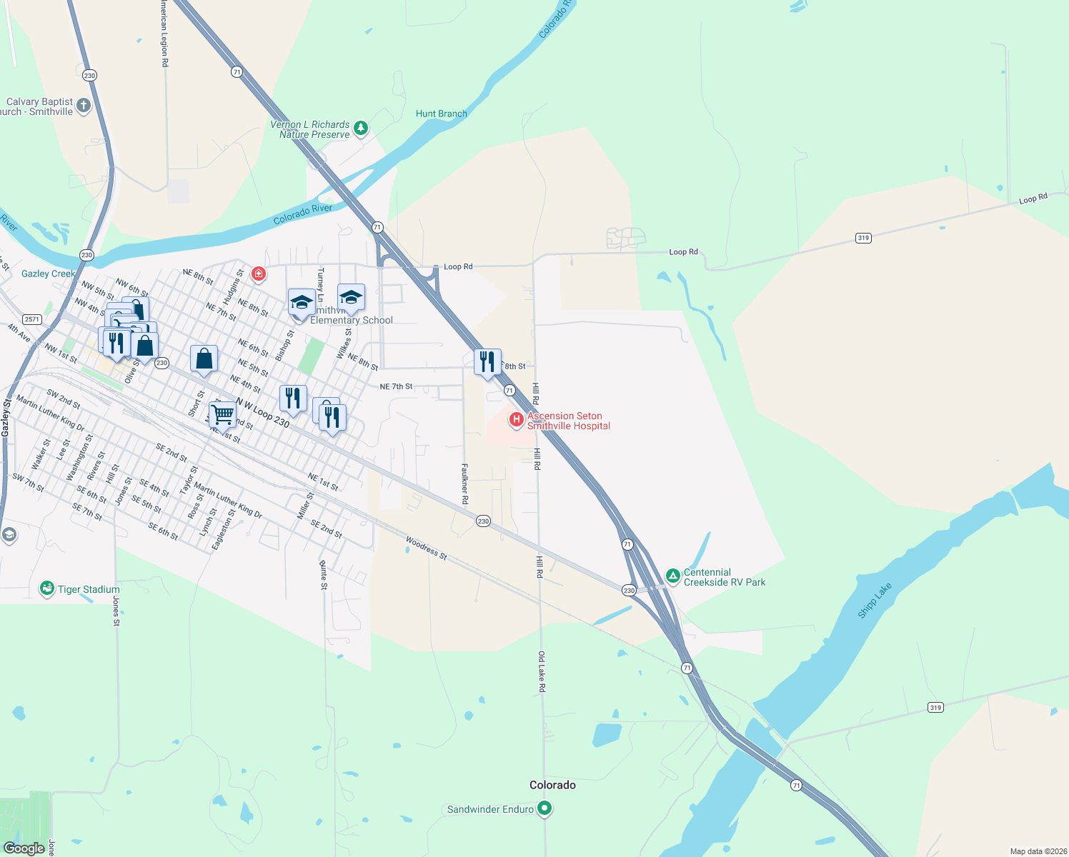 map of restaurants, bars, coffee shops, grocery stores, and more near 303 Hill Road in Smithville