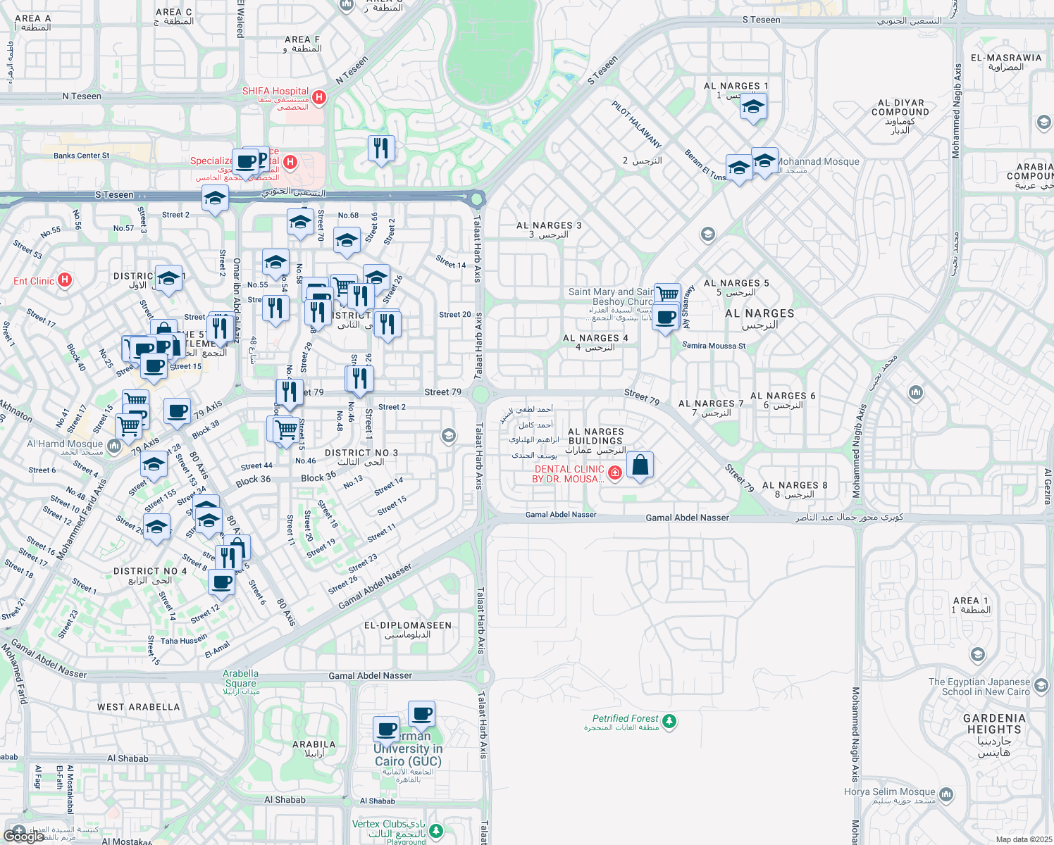 map of restaurants, bars, coffee shops, grocery stores, and more near in New Cairo 1