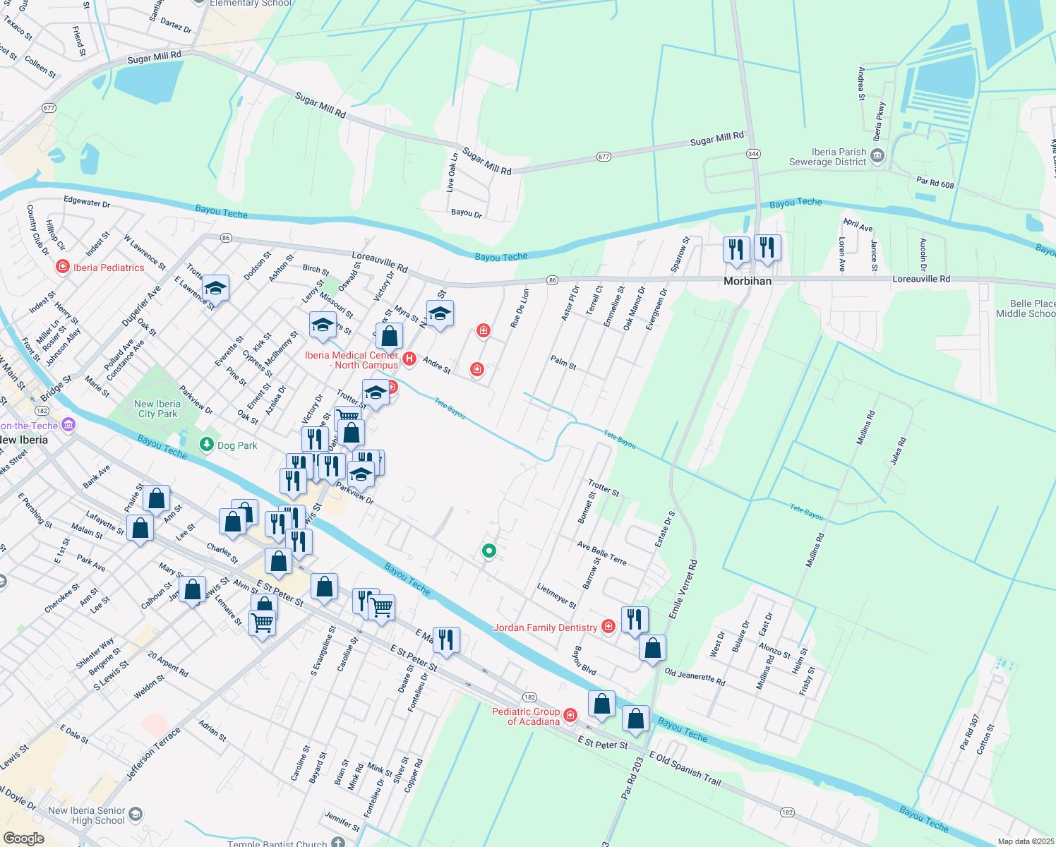 map of restaurants, bars, coffee shops, grocery stores, and more near 406 Astor St in New Iberia