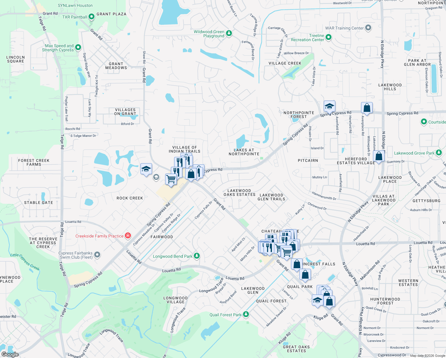 map of restaurants, bars, coffee shops, grocery stores, and more near 13906 Oak Spring Road in Cypress