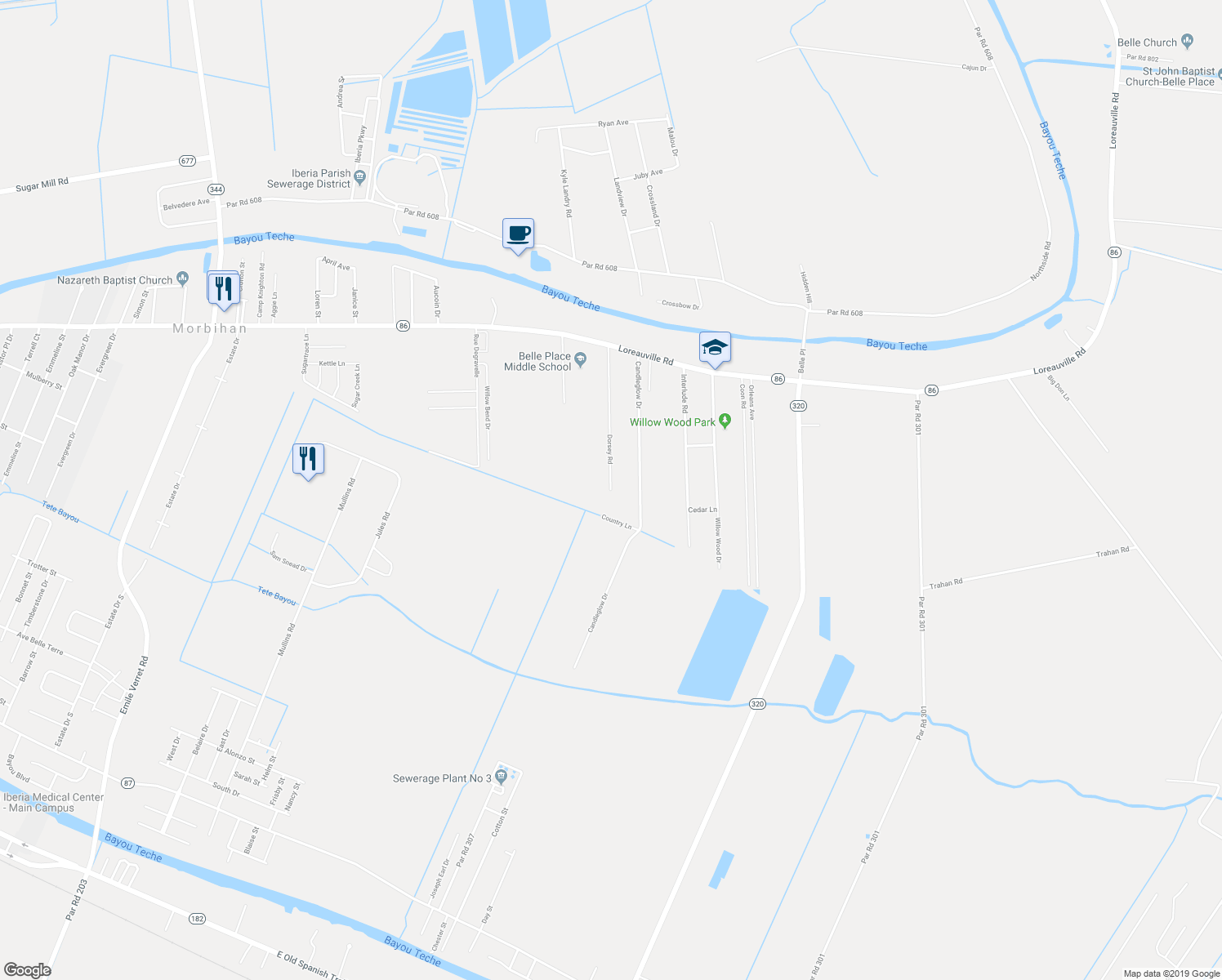 map of restaurants, bars, coffee shops, grocery stores, and more near 2 Dorsey Road in New Iberia