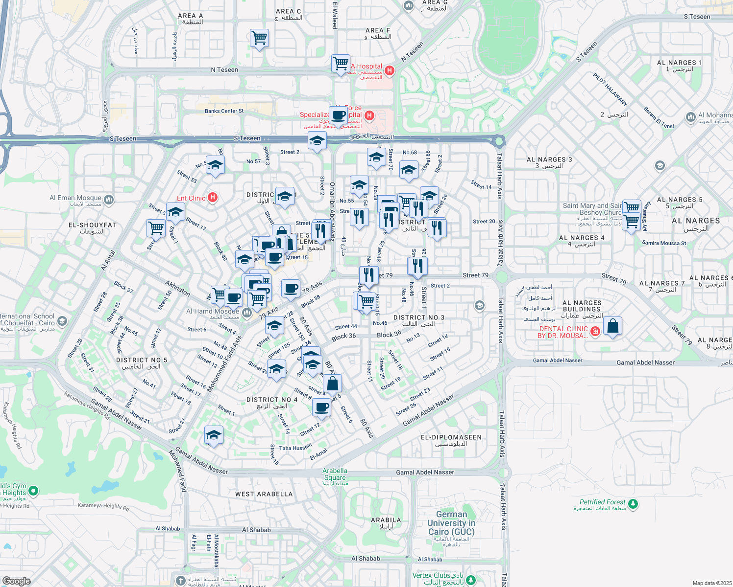 map of restaurants, bars, coffee shops, grocery stores, and more near 122 No.45 in New Cairo 1