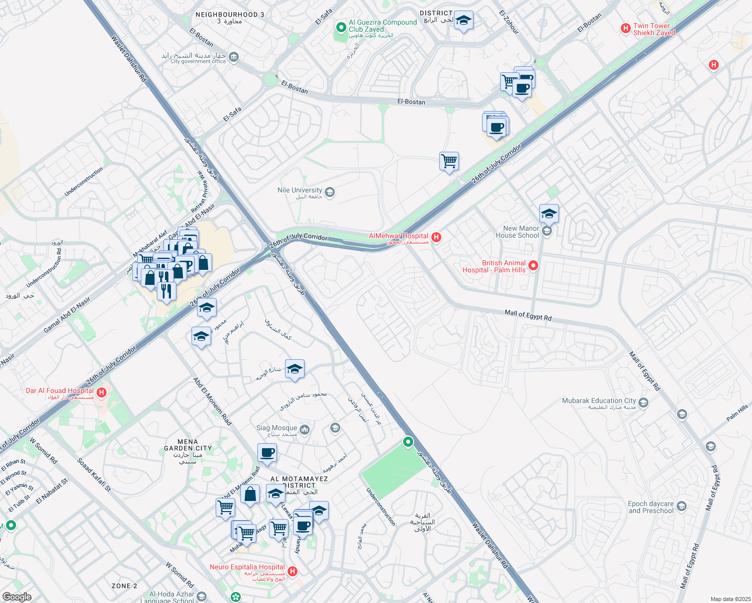 map of restaurants, bars, coffee shops, grocery stores, and more near 26th of July Corridor in First 6th of October