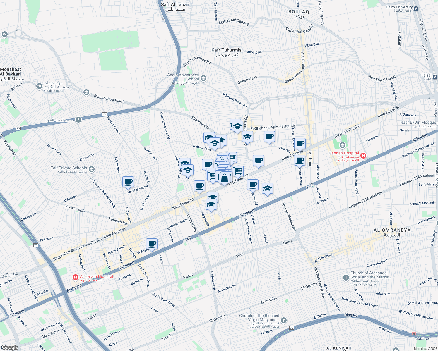 map of restaurants, bars, coffee shops, grocery stores, and more near Hasan Mohammed in El Talbia