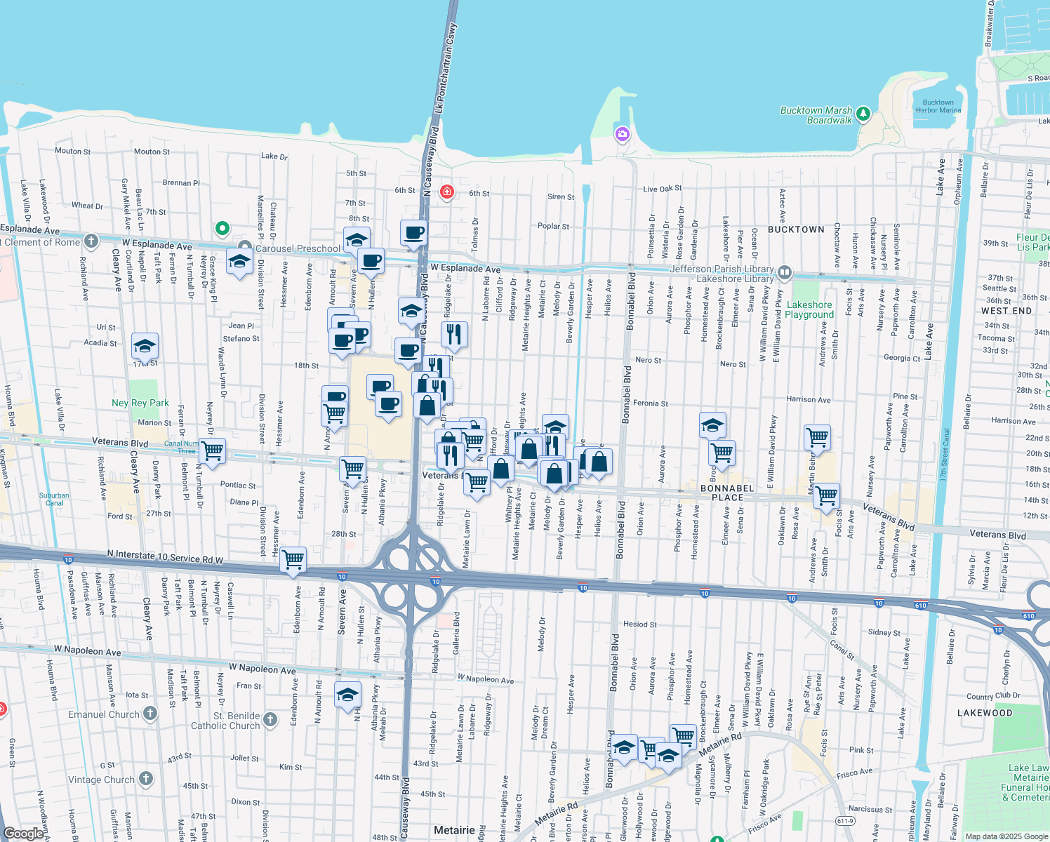 map of restaurants, bars, coffee shops, grocery stores, and more near 3131 Metairie Heights Avenue in Metairie