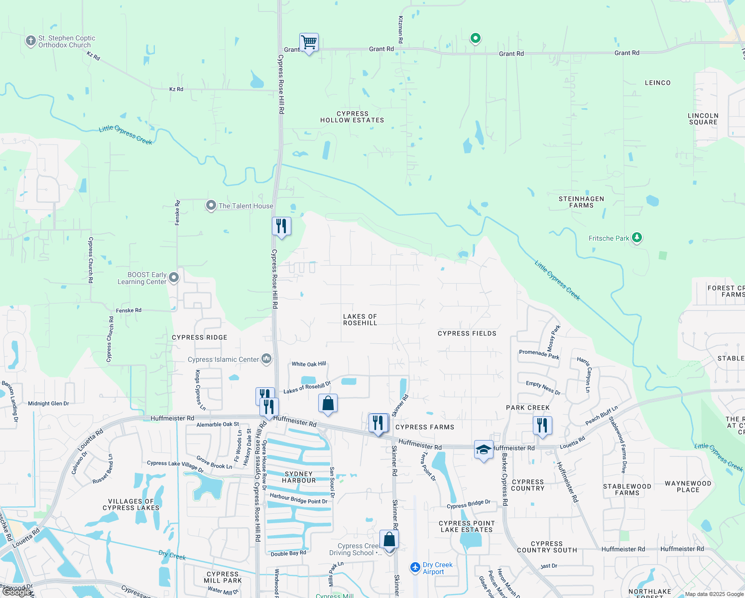 map of restaurants, bars, coffee shops, grocery stores, and more near 17418 W Blooming Rose Ct in Cypress