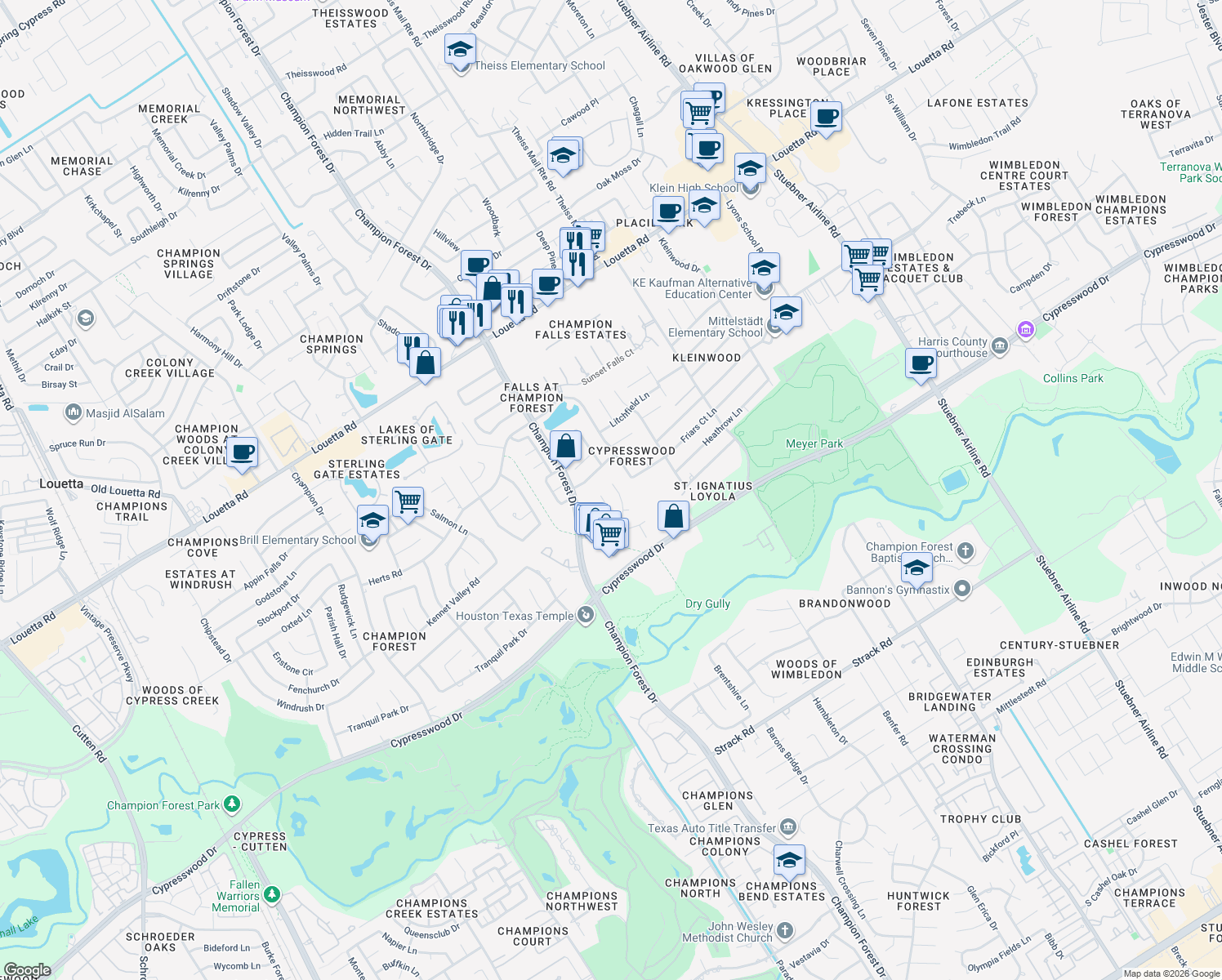 map of restaurants, bars, coffee shops, grocery stores, and more near 16243 Morningbrook Dr in Spring