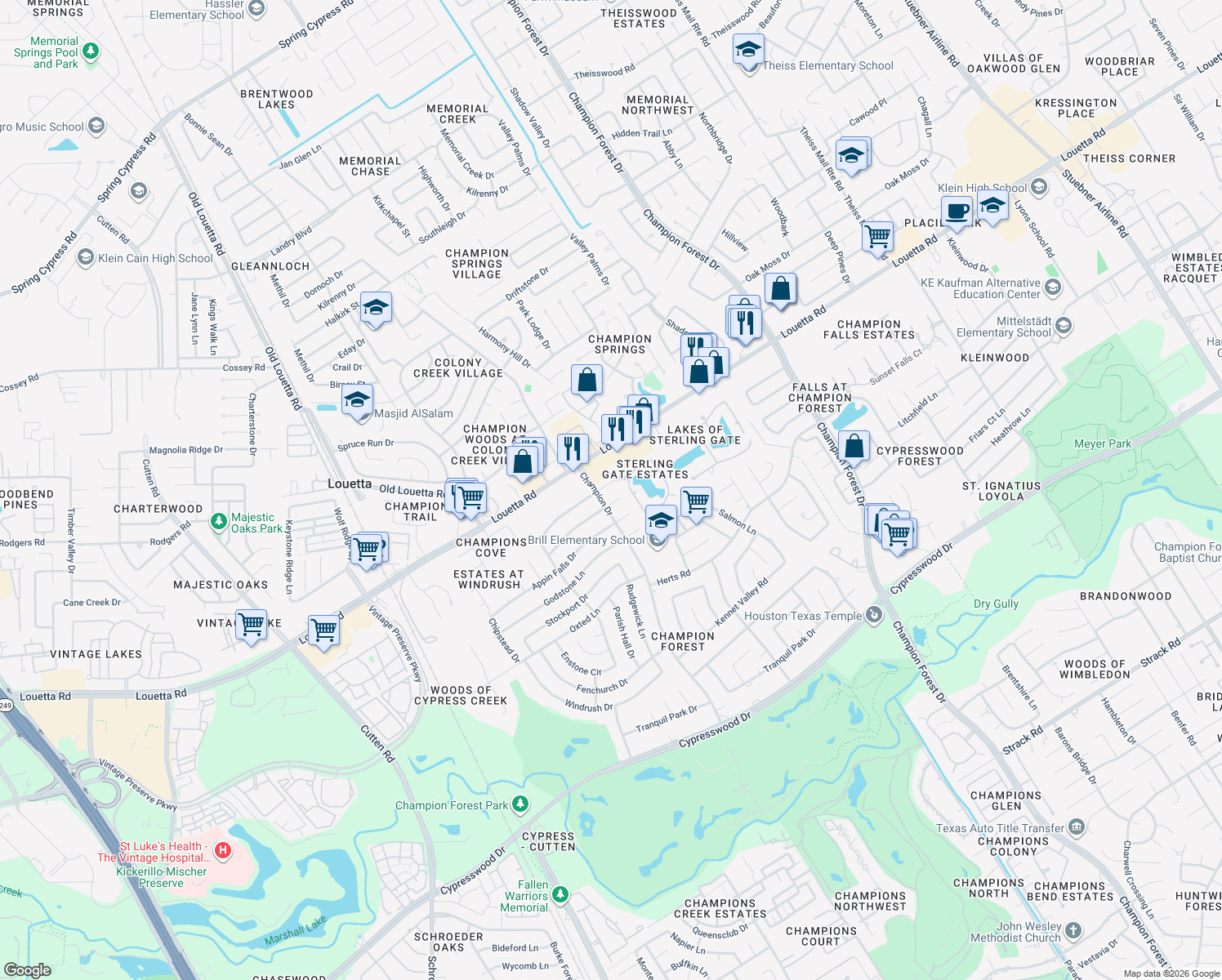 map of restaurants, bars, coffee shops, grocery stores, and more near 9107 New Forest Rd in Spring