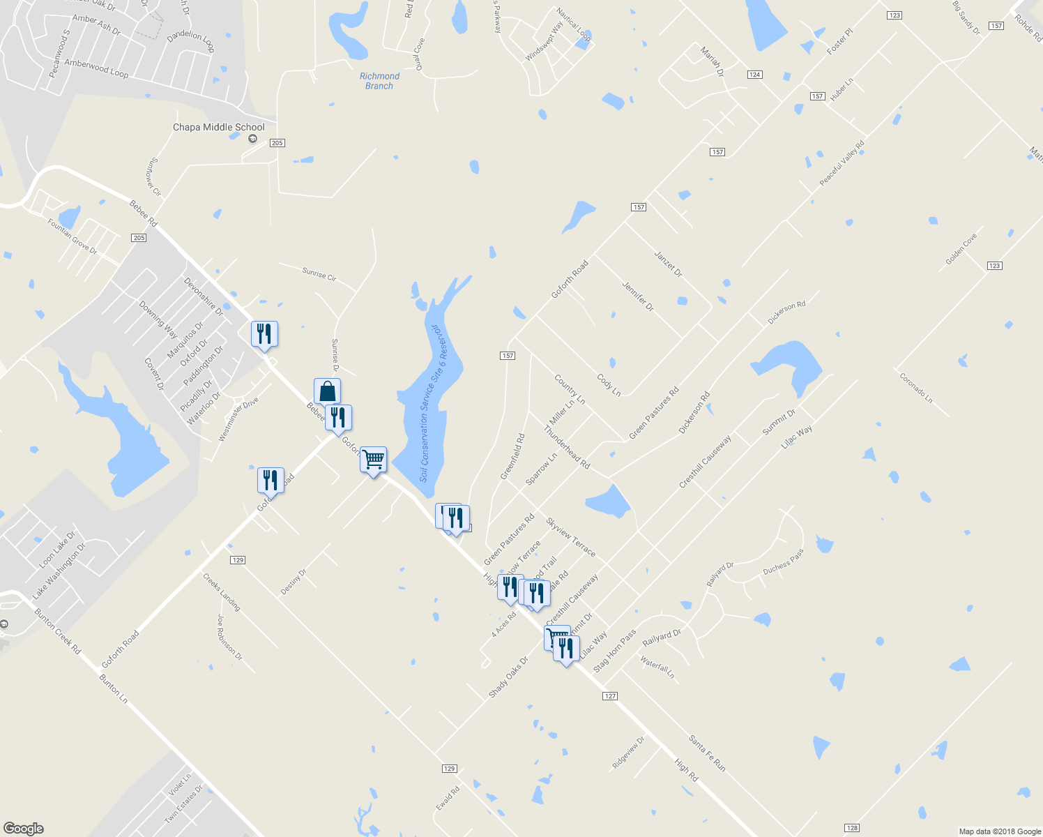 map of restaurants, bars, coffee shops, grocery stores, and more near 202 Greenfield Road in Kyle