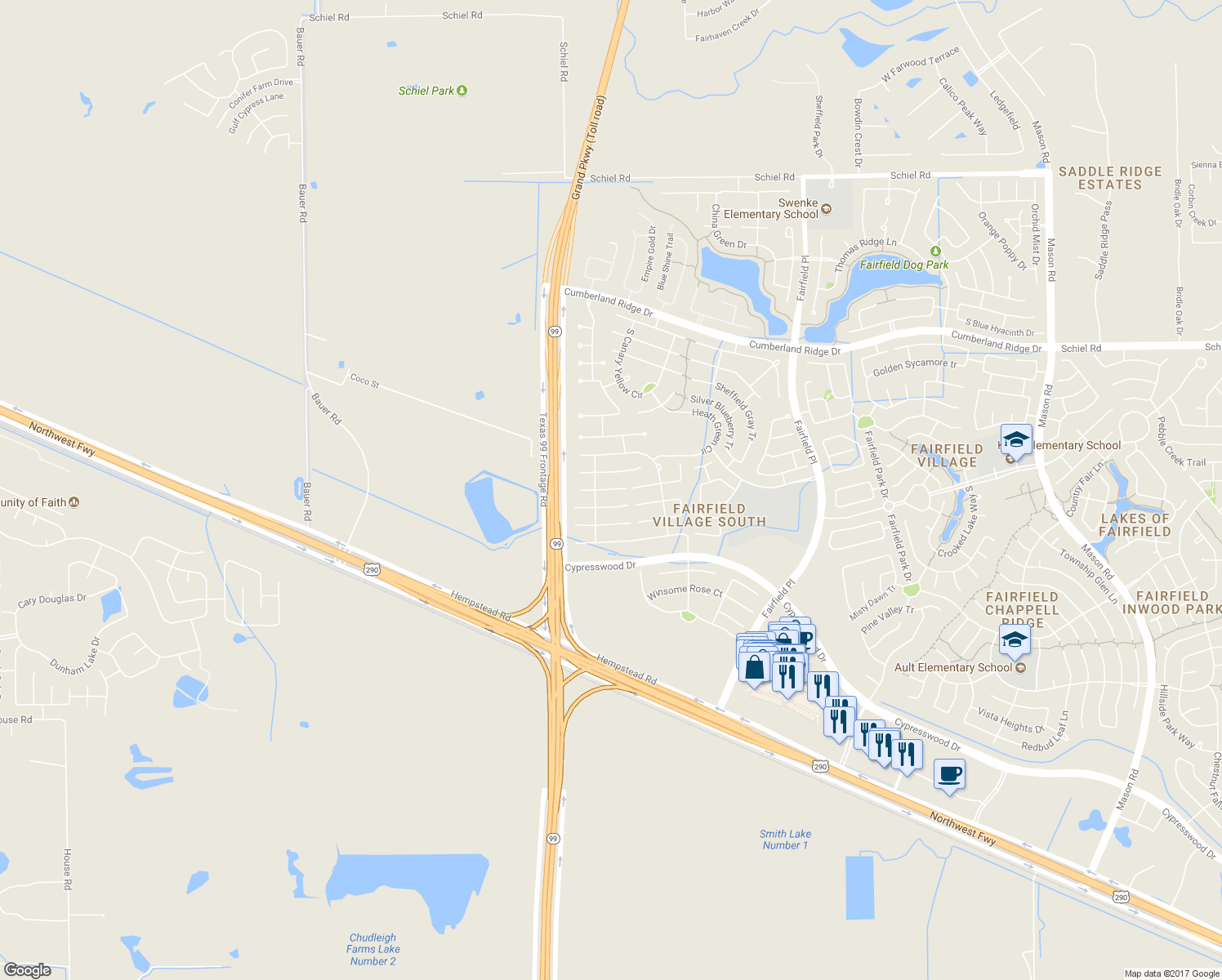 map of restaurants, bars, coffee shops, grocery stores, and more near 14718 East Ginger Pear Court in Cypress