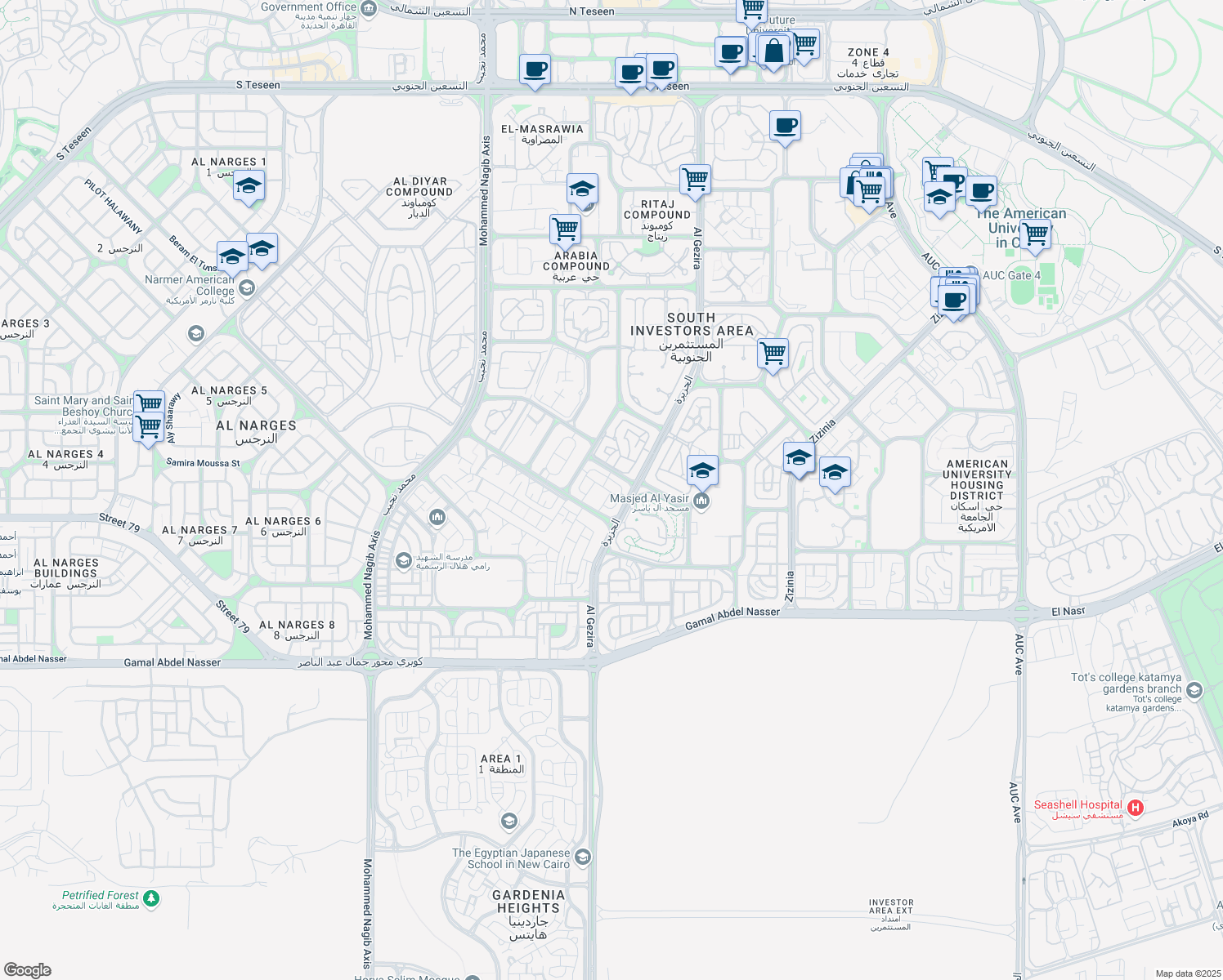 map of restaurants, bars, coffee shops, grocery stores, and more near in New Cairo 1
