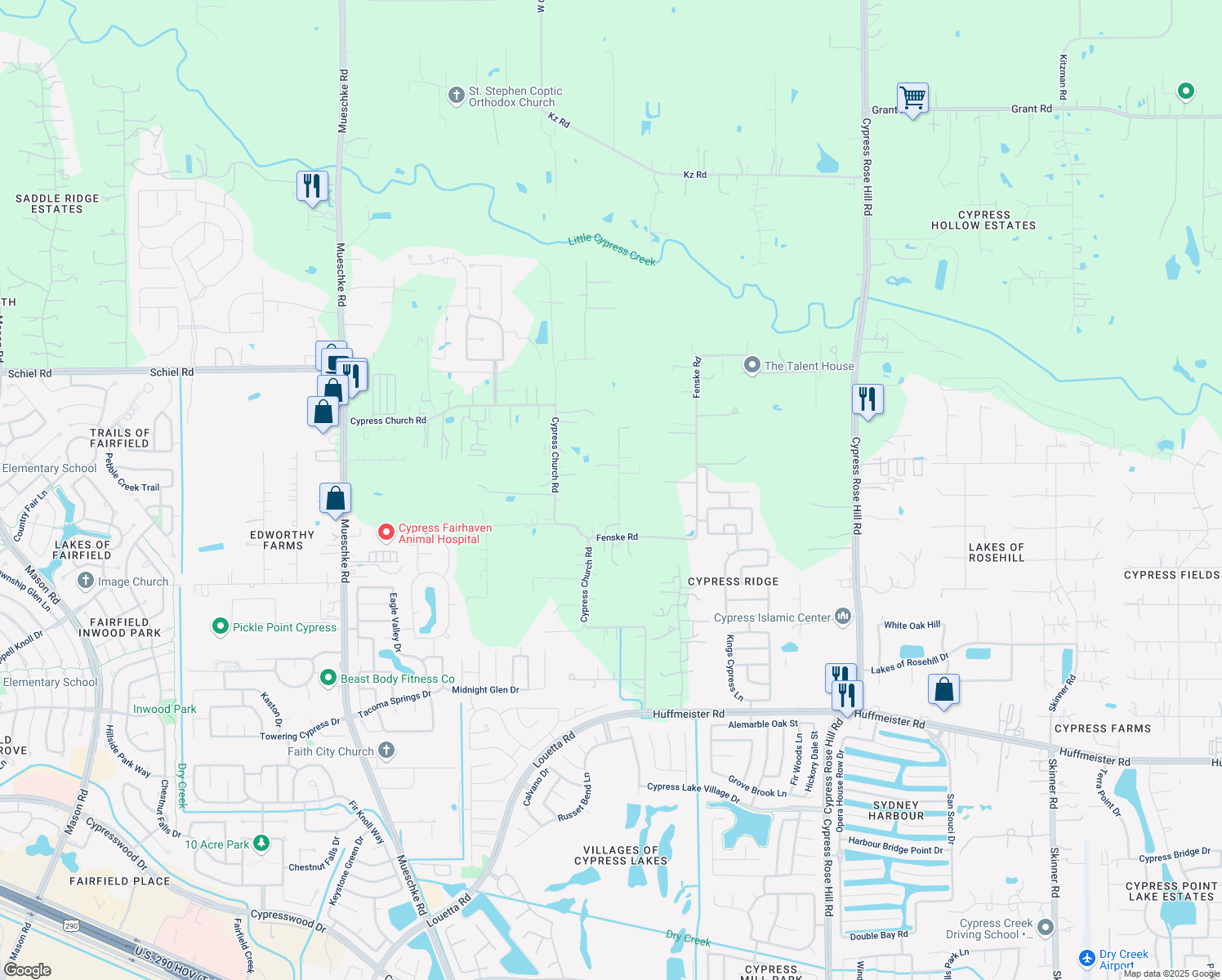 map of restaurants, bars, coffee shops, grocery stores, and more near 19207 Cy Fair Fire Road in Cypress