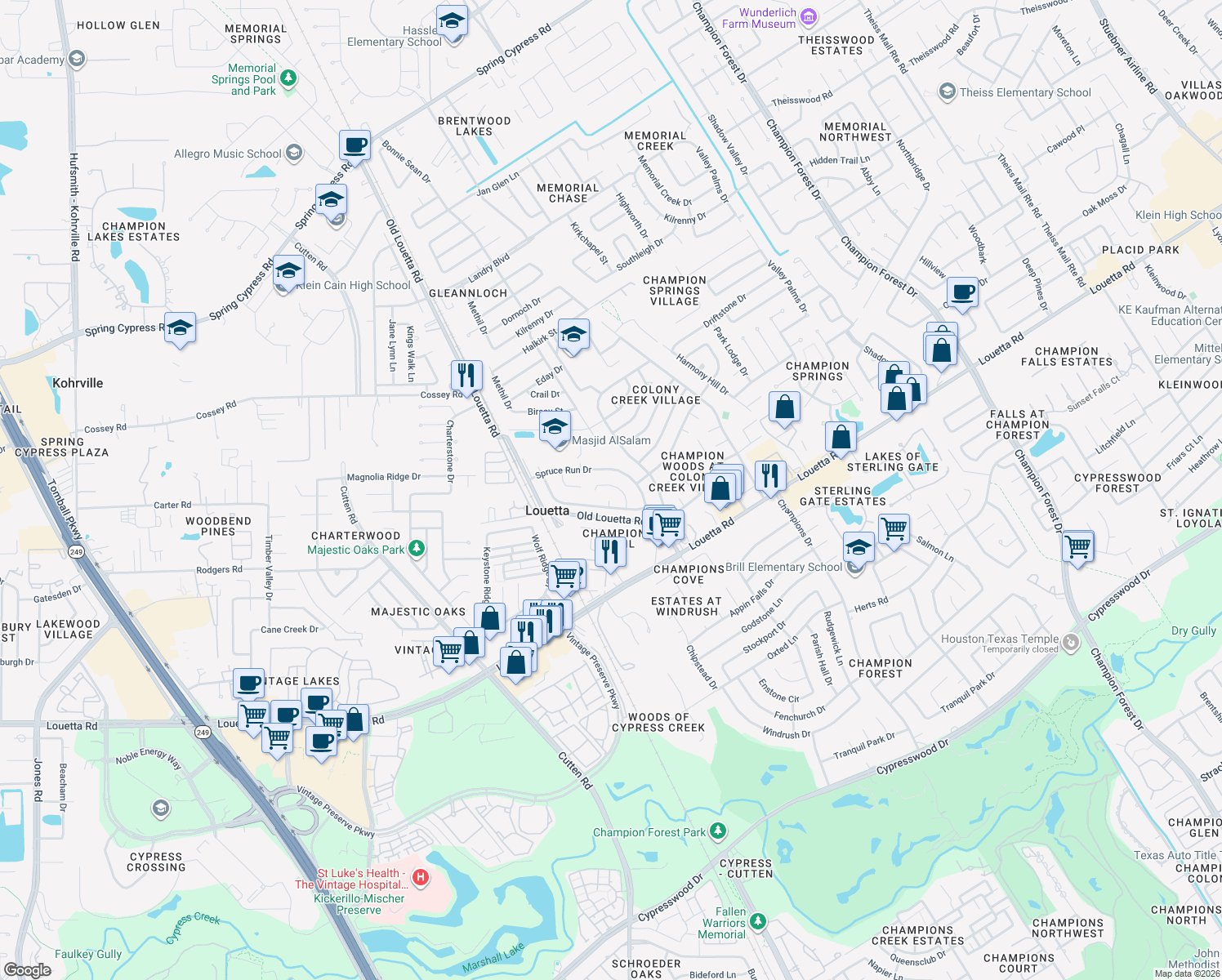 map of restaurants, bars, coffee shops, grocery stores, and more near 16835 Markridge Drive in Spring