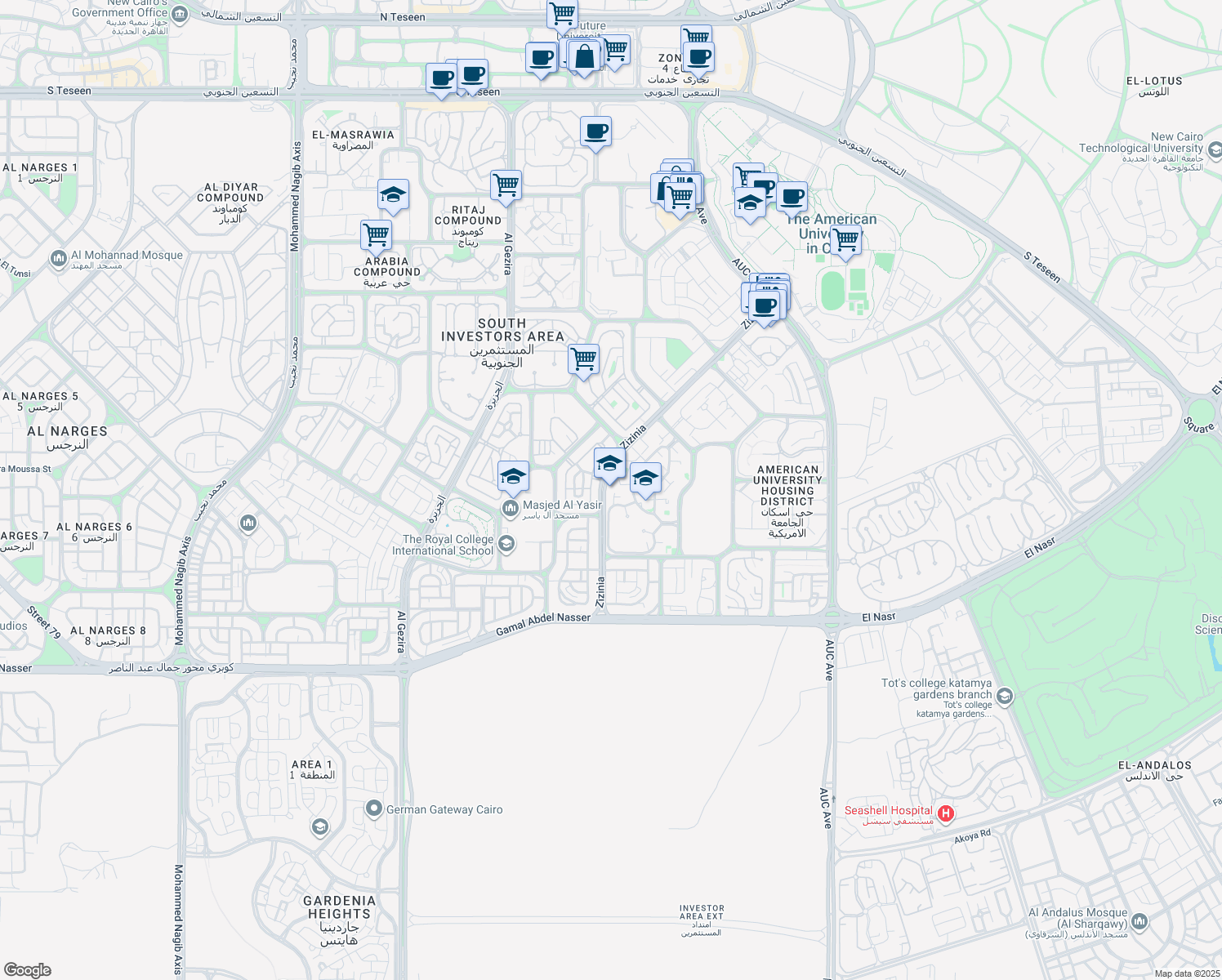 map of restaurants, bars, coffee shops, grocery stores, and more near in New Cairo 1