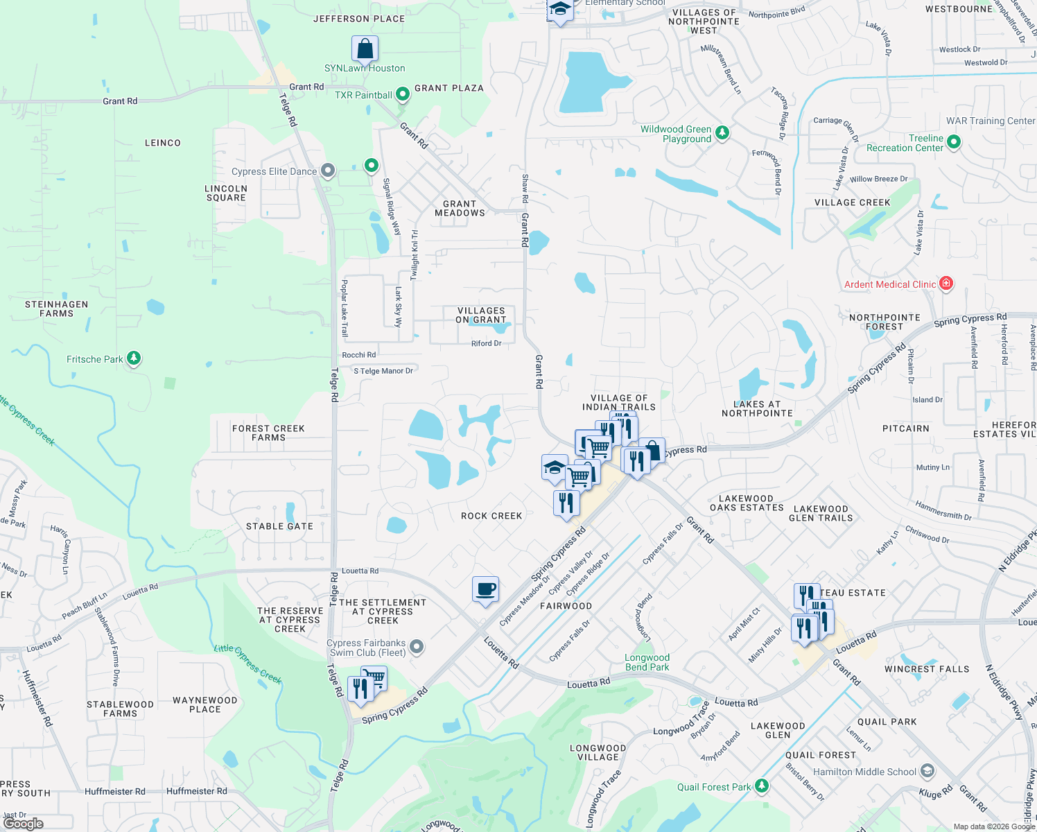 map of restaurants, bars, coffee shops, grocery stores, and more near 15214 Bandera Falls Bend in Cypress