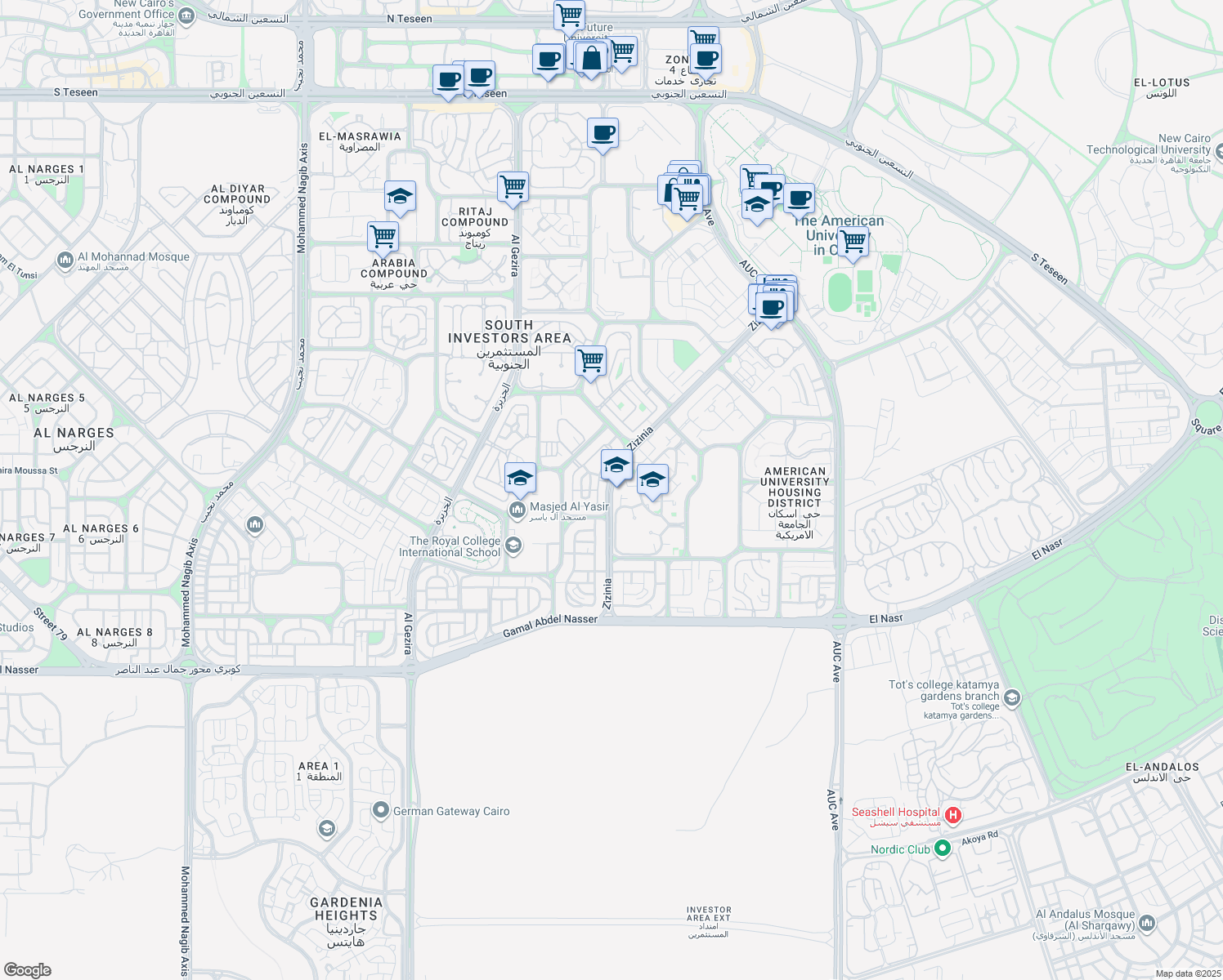 map of restaurants, bars, coffee shops, grocery stores, and more near in New Cairo 1