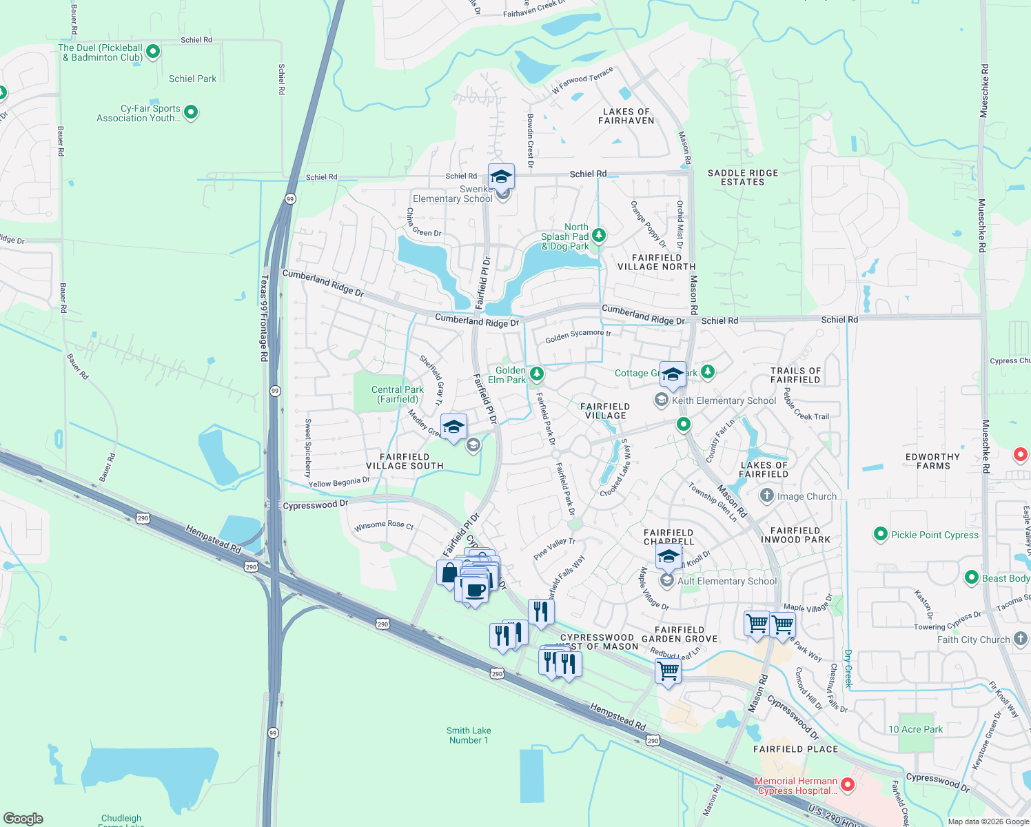 map of restaurants, bars, coffee shops, grocery stores, and more near 15310 Turning Limb Ct in Cypress