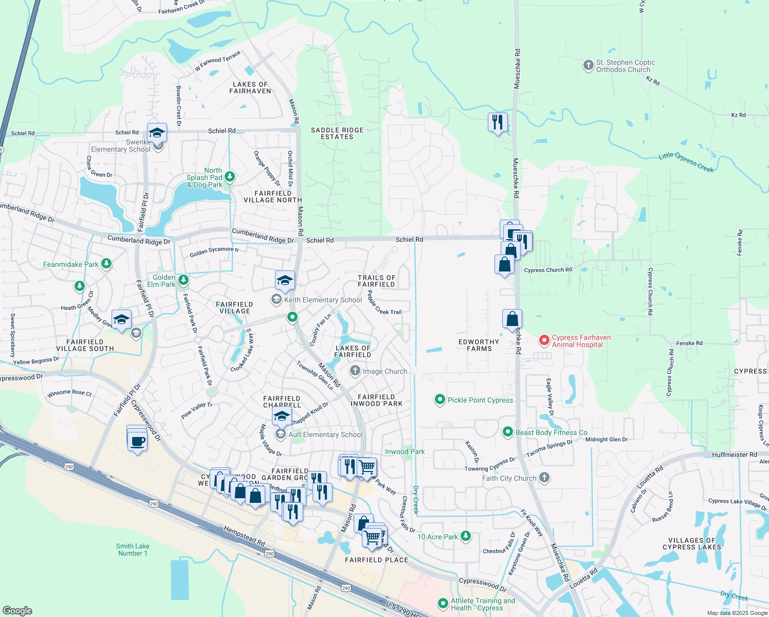 map of restaurants, bars, coffee shops, grocery stores, and more near 15914 Pebble Creek Trail in Cypress