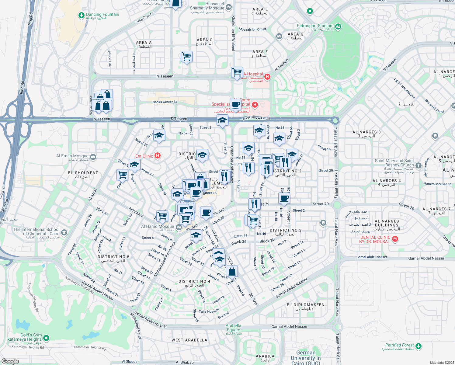 map of restaurants, bars, coffee shops, grocery stores, and more near in New Cairo 1