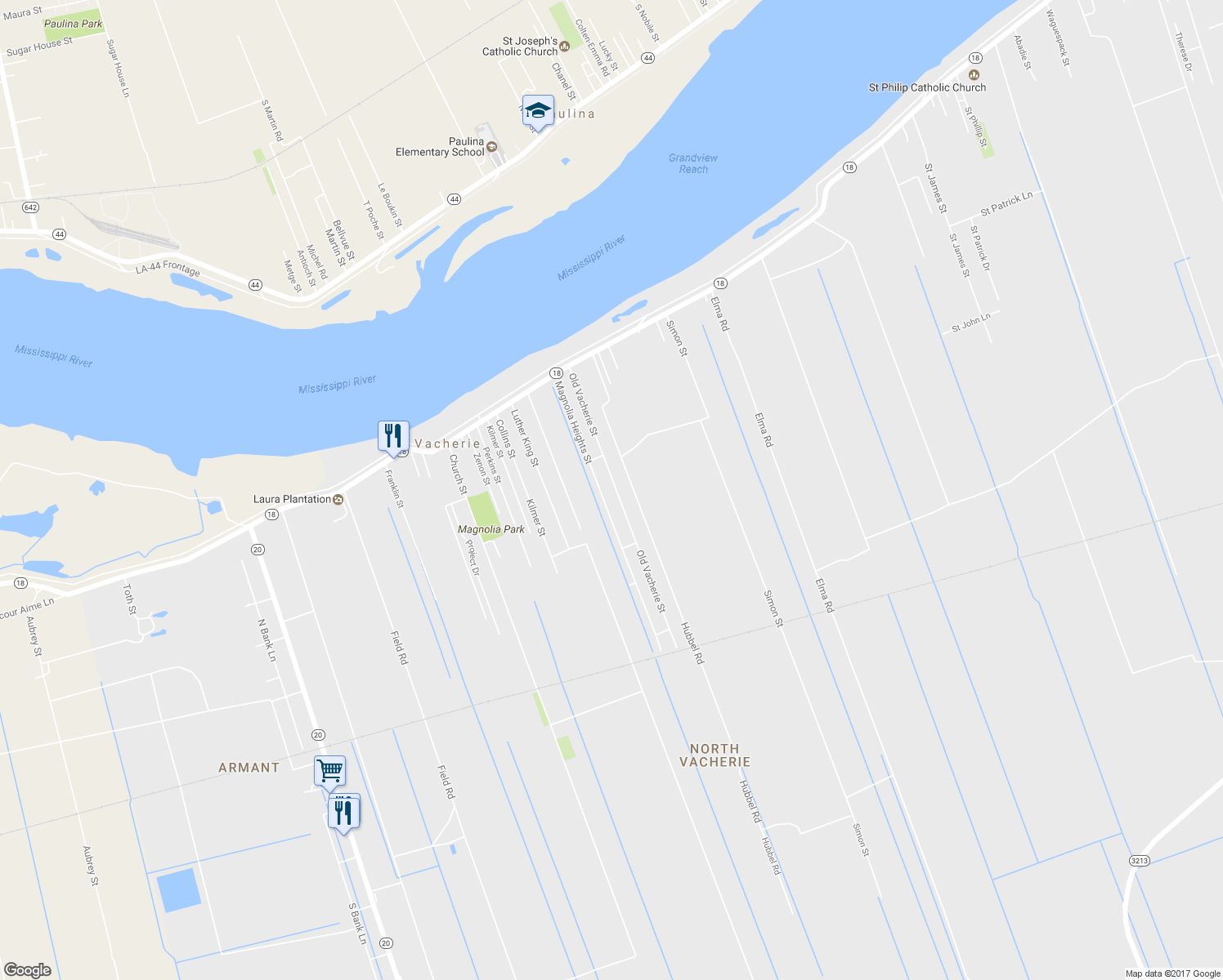 map of restaurants, bars, coffee shops, grocery stores, and more near 1312 Old Vacherie Street in Vacherie