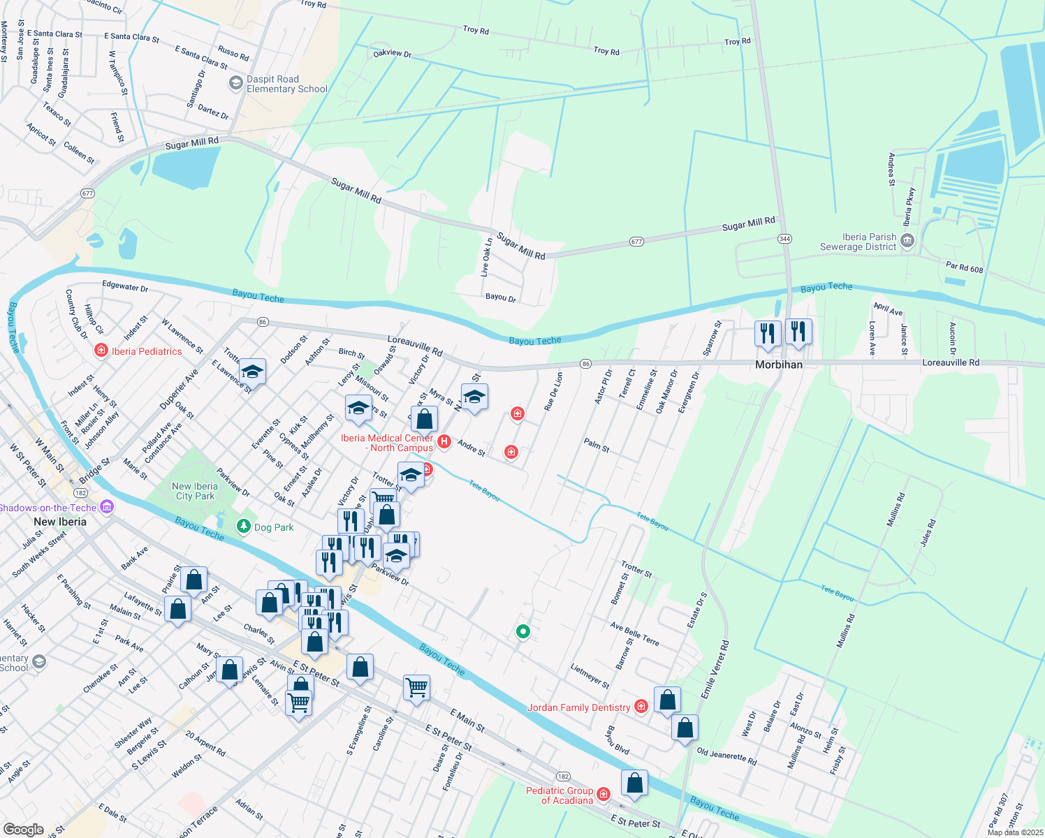 map of restaurants, bars, coffee shops, grocery stores, and more near 1050 Rue De Pierre in New Iberia