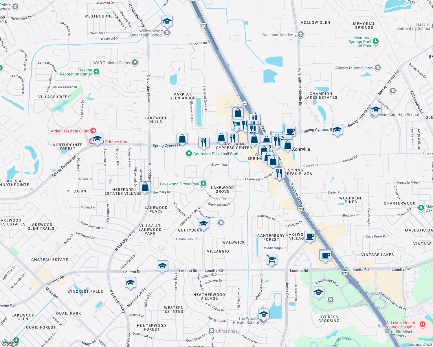 map of restaurants, bars, coffee shops, grocery stores, and more near 11507 Hidden Grove Court in Tomball