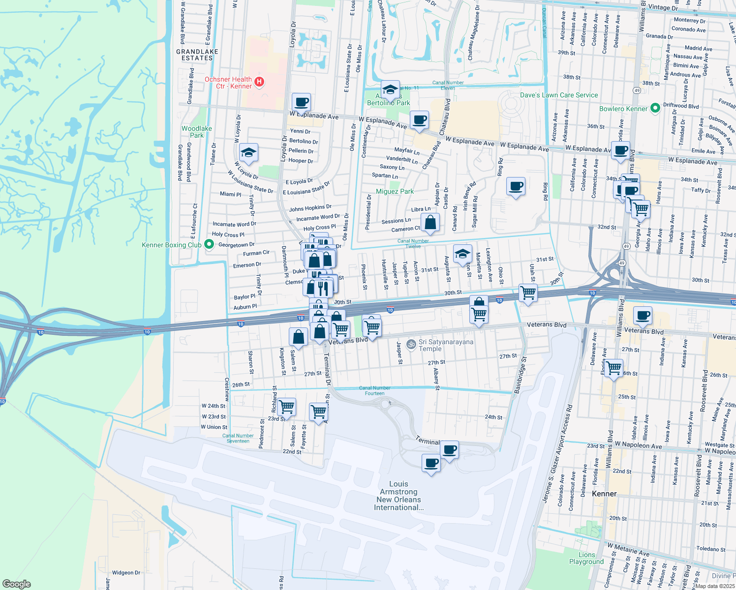 map of restaurants, bars, coffee shops, grocery stores, and more near 3022 Phoenix Street in Kenner