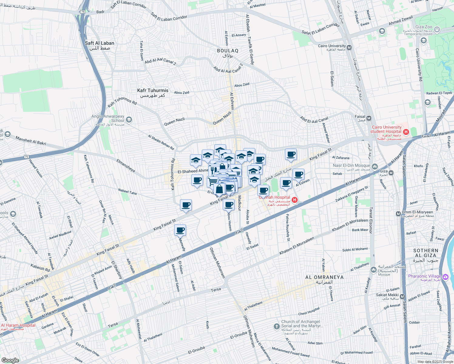 map of restaurants, bars, coffee shops, grocery stores, and more near Hasan El-Saban in Qesm Boulaq Ad Dakrour
