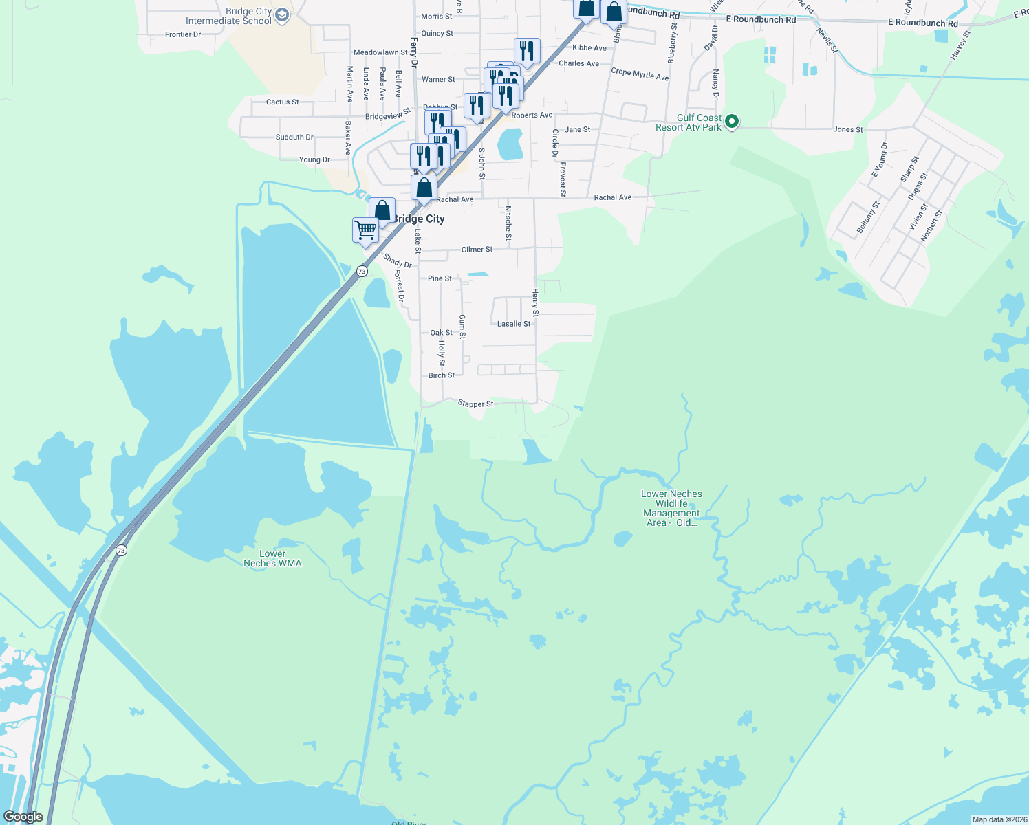 map of restaurants, bars, coffee shops, grocery stores, and more near 302 Stapper Street in Bridge City