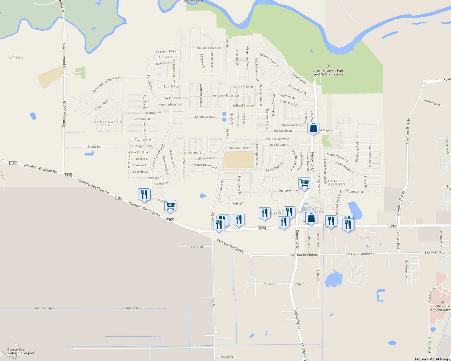 map of restaurants, bars, coffee shops, grocery stores, and more near 7814 Bluff Trail Drive in Humble