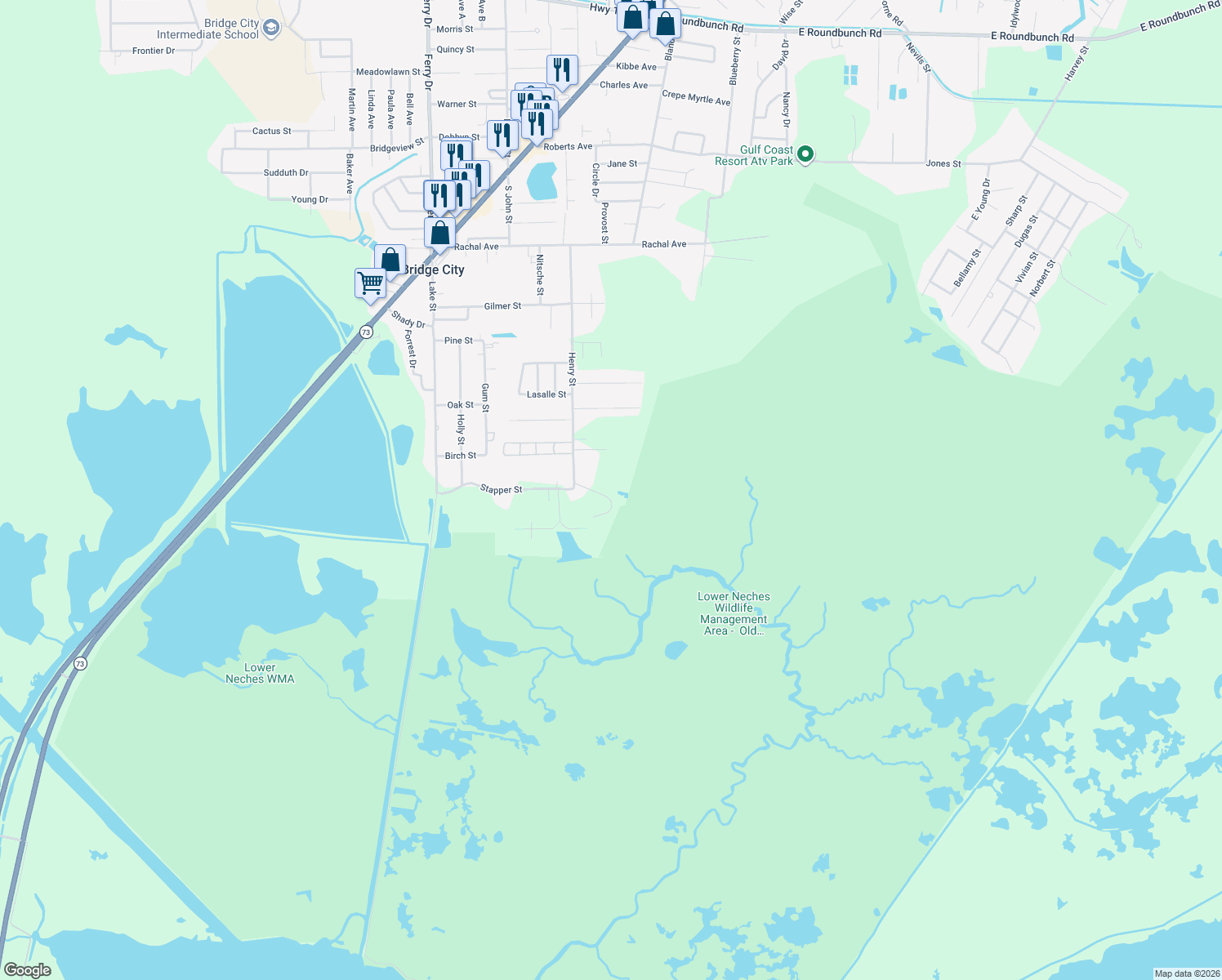 map of restaurants, bars, coffee shops, grocery stores, and more near 225 Loch Lomond Road in Bridge City