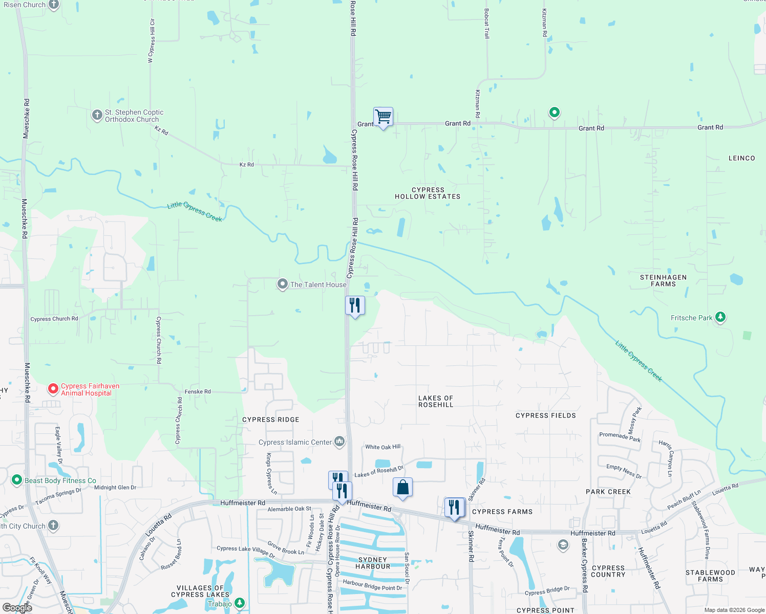 map of restaurants, bars, coffee shops, grocery stores, and more near 16900 Cypress Rosehill Road in Cypress