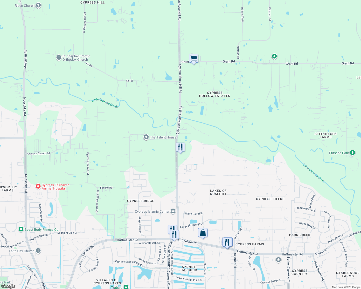 map of restaurants, bars, coffee shops, grocery stores, and more near 16900 Cypress Rosehill Road in Cypress