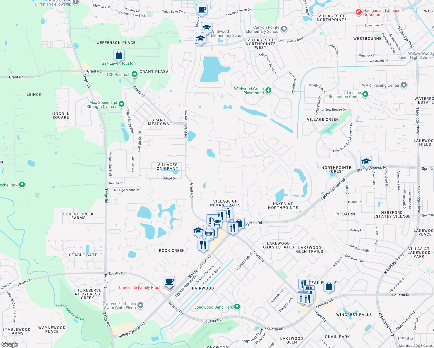 map of restaurants, bars, coffee shops, grocery stores, and more near 14423 Dakota Bend Dr in Cypress
