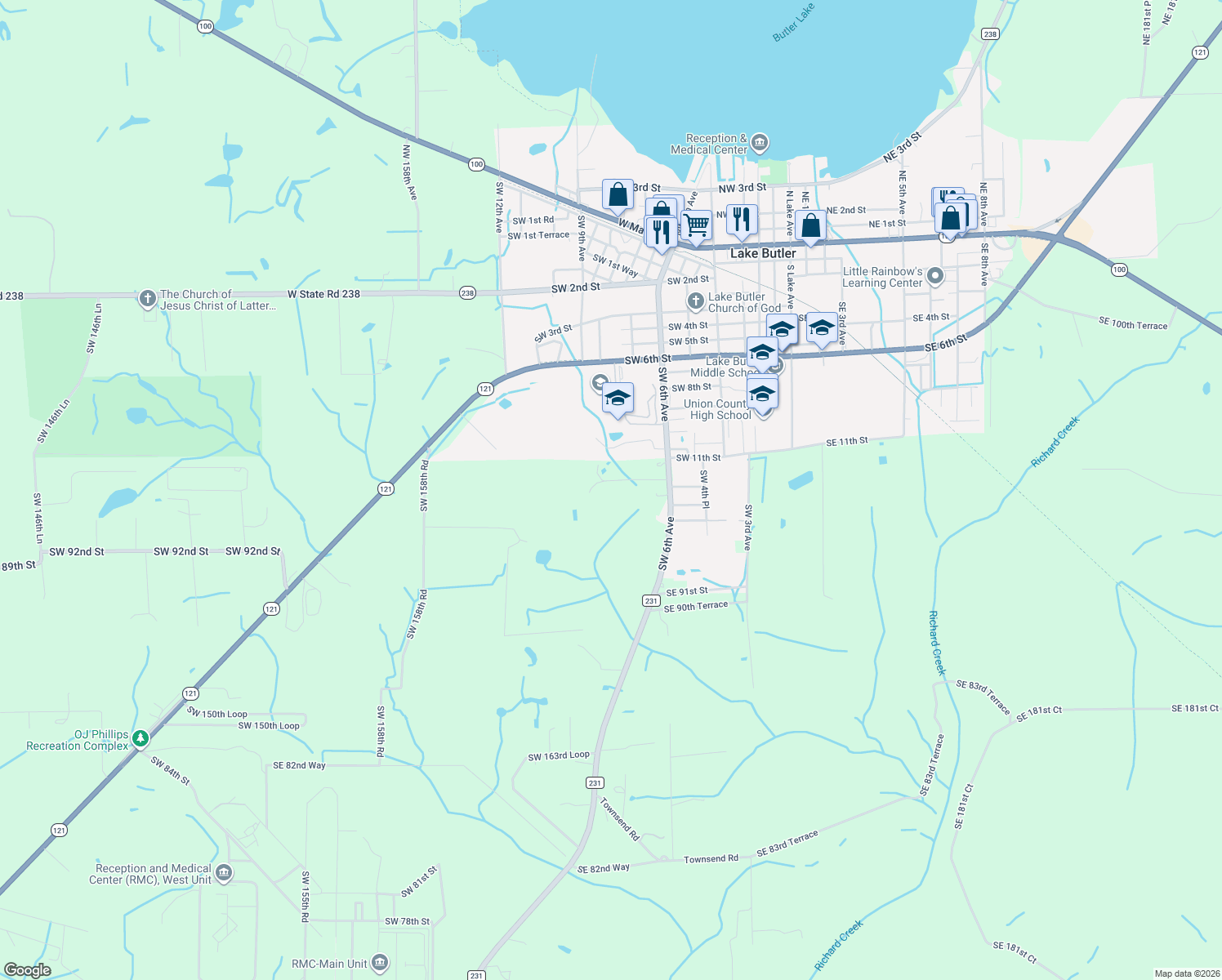 map of restaurants, bars, coffee shops, grocery stores, and more near 16368 Southwest 92nd Trail in Lake Butler